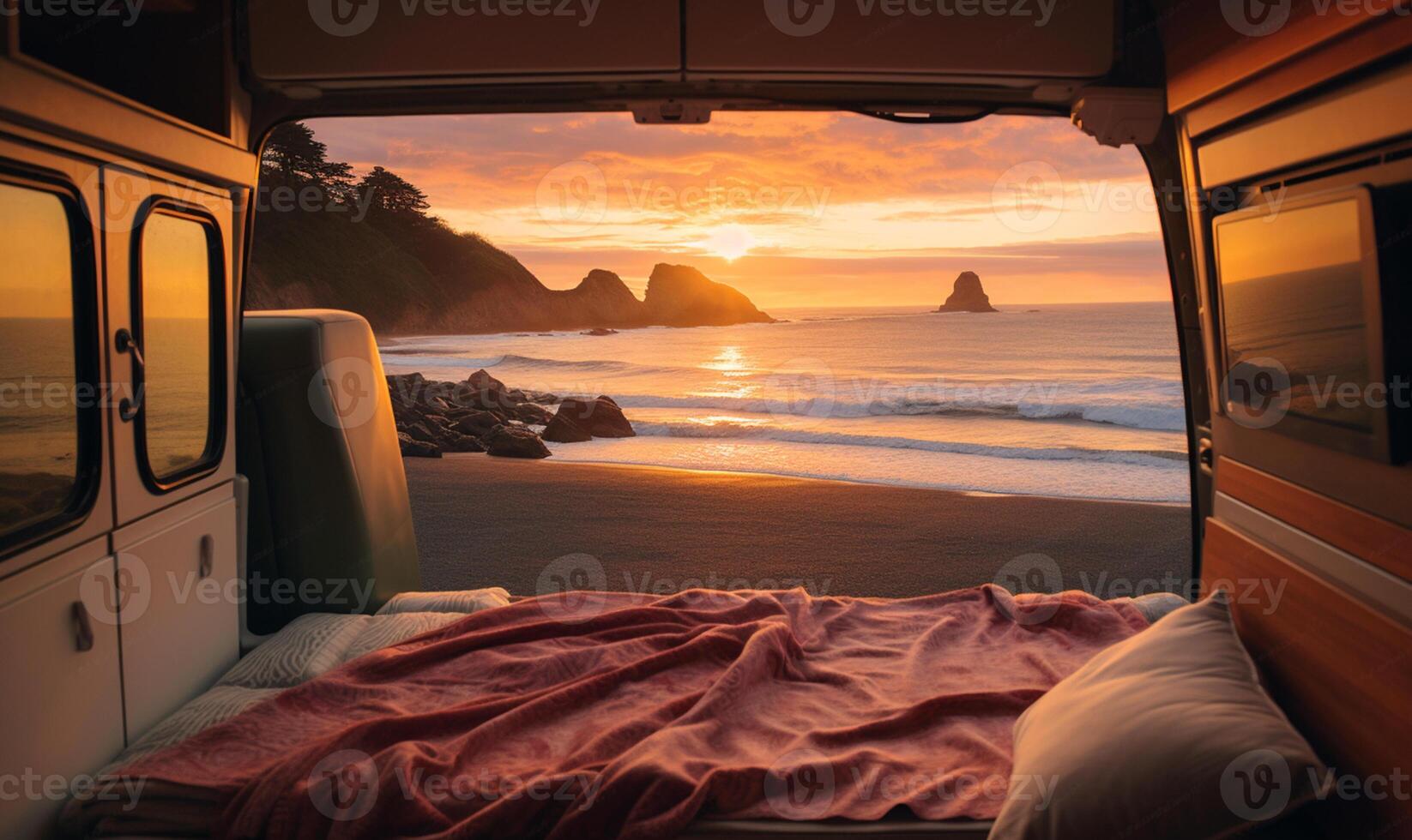 View from inside the camper van. AI Generated photo