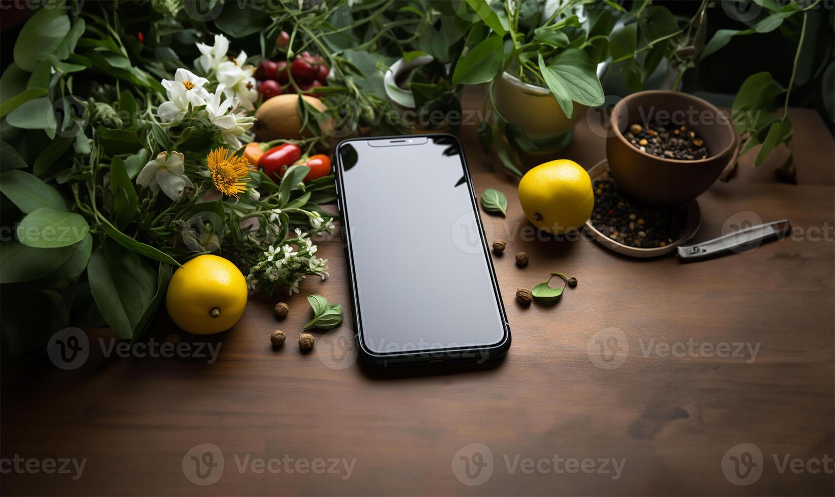 Mobile phone mock up for searching and shopping online grocery, app for recipe, nutrition and diet. Blank smartphone. photo