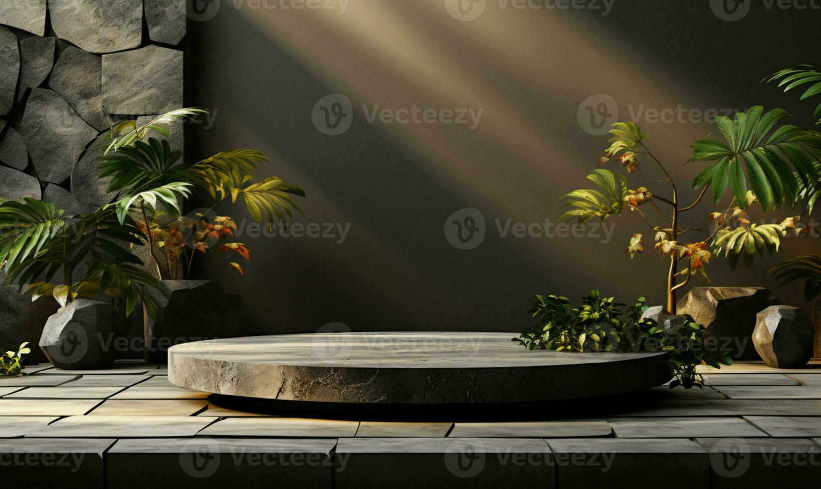 Modern gray granite stone side table. AI Generated photo