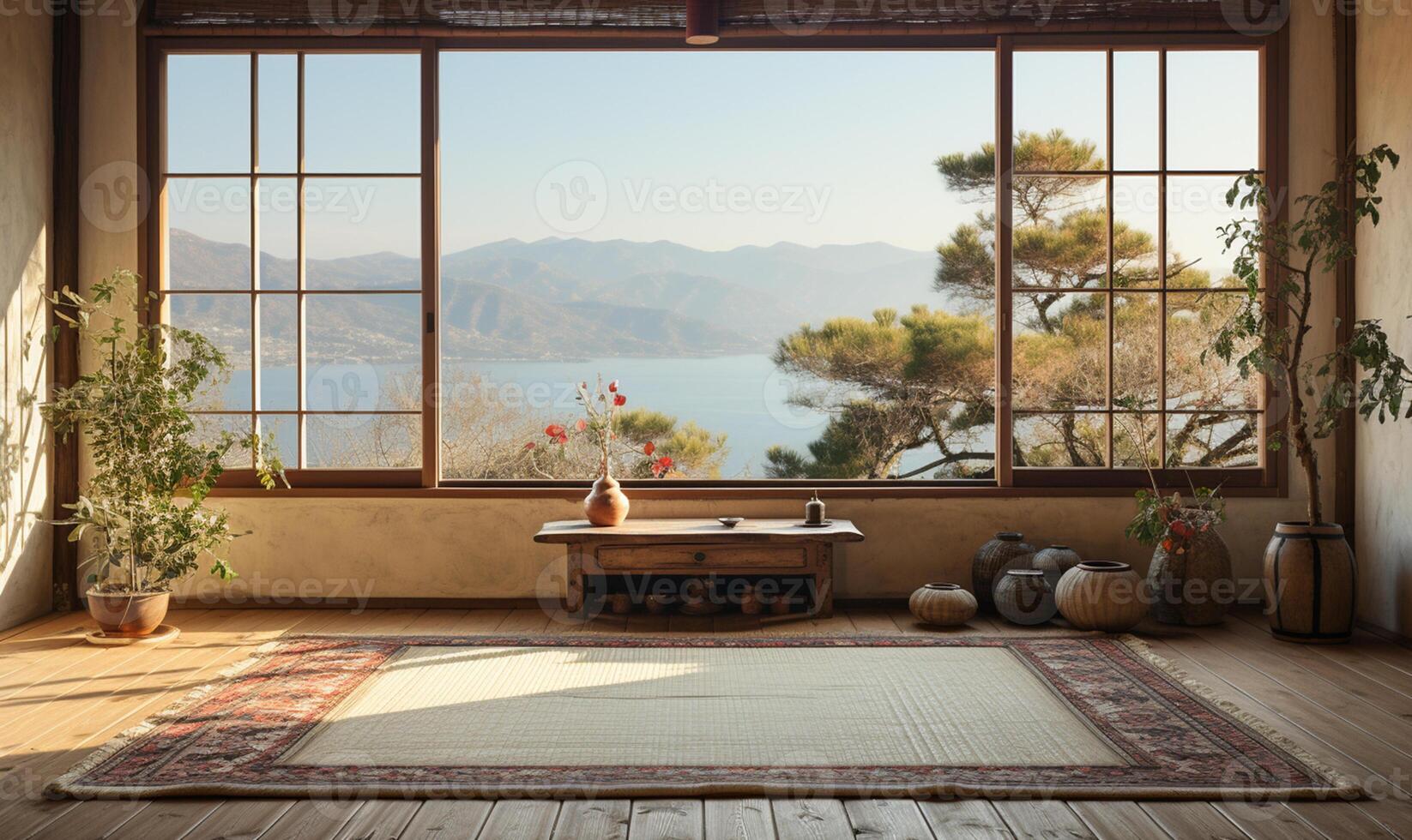 Empty traditional Japanese style room with tatami mat floor in sunlight from wood shoji. photo