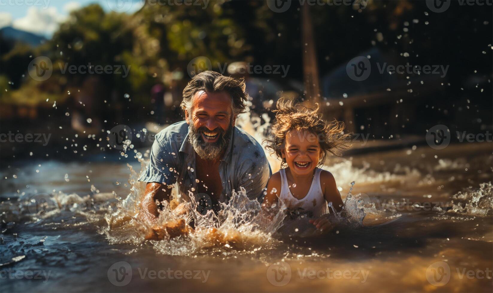Senior man and a child playing and splashing with water on a beach in summer. photo