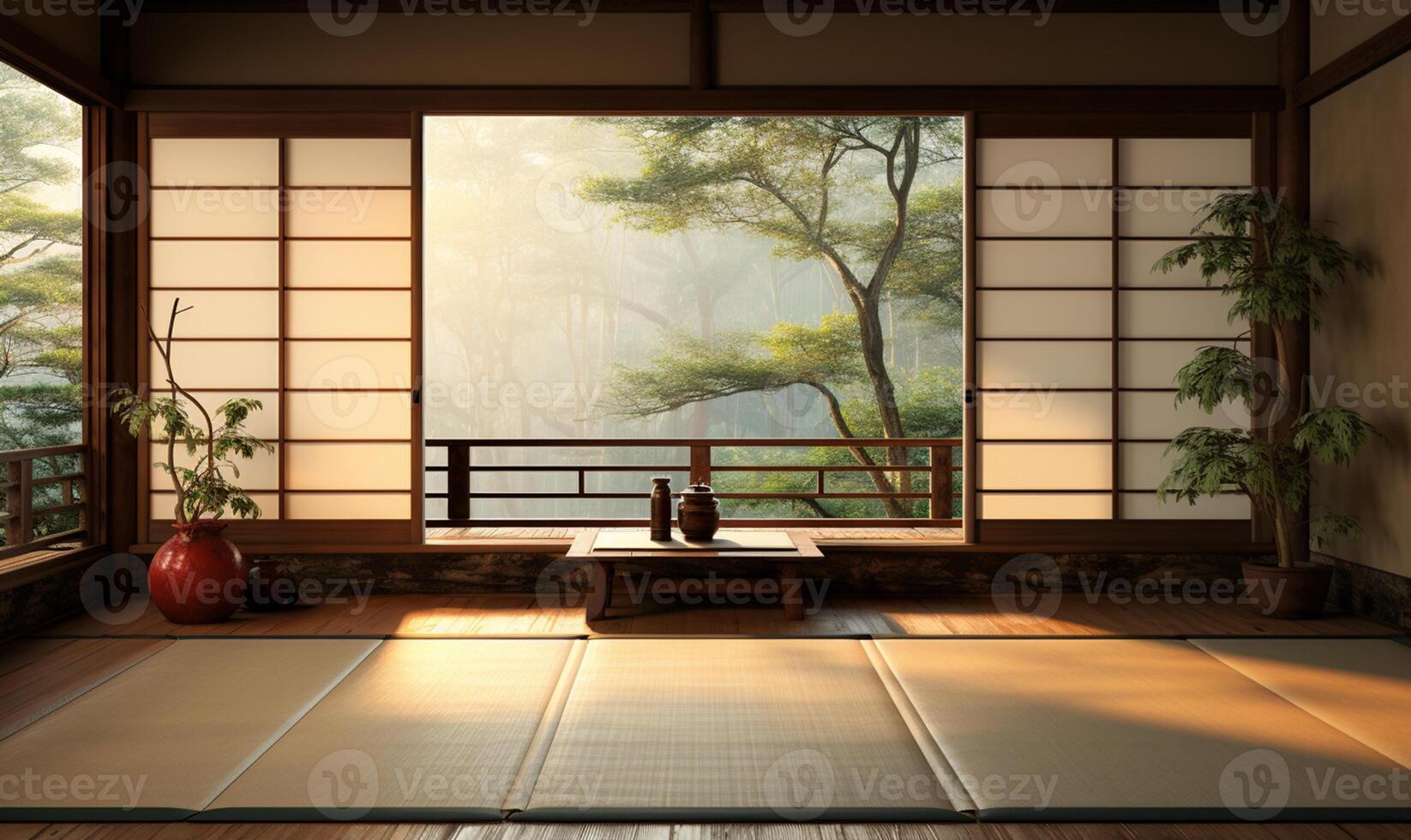 Empty traditional Japanese style room with tatami mat floor in sunlight from wood shoji. photo