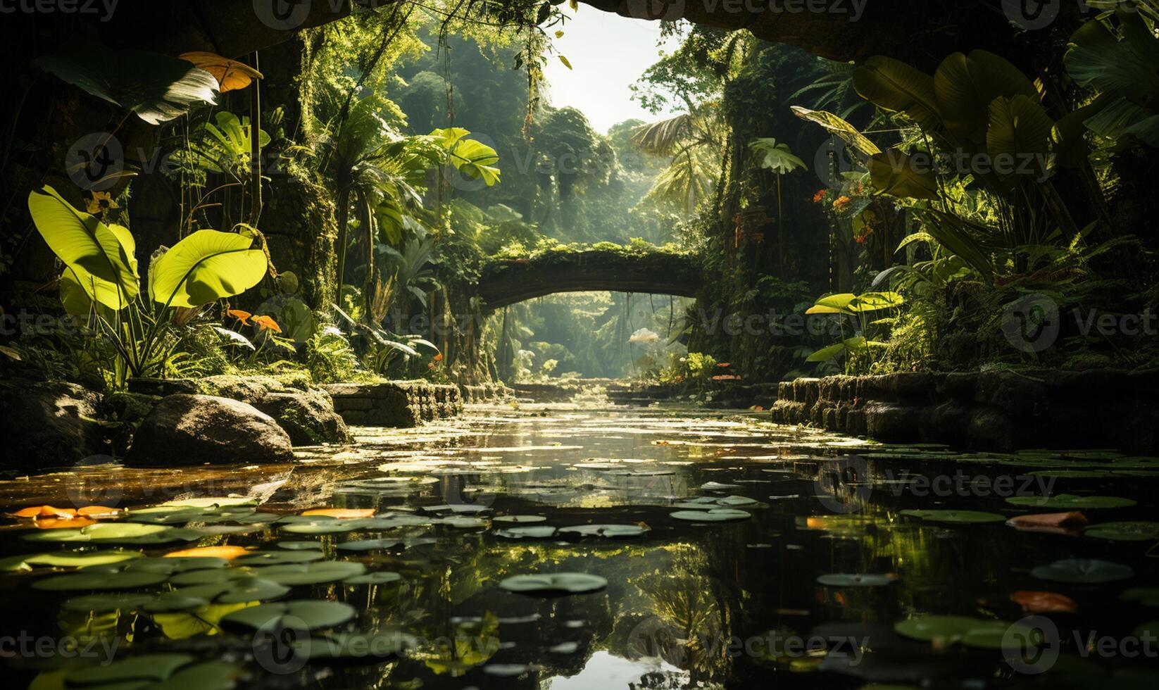 hermosa tropical jardín abundante con lozano vegetación. ai generado foto