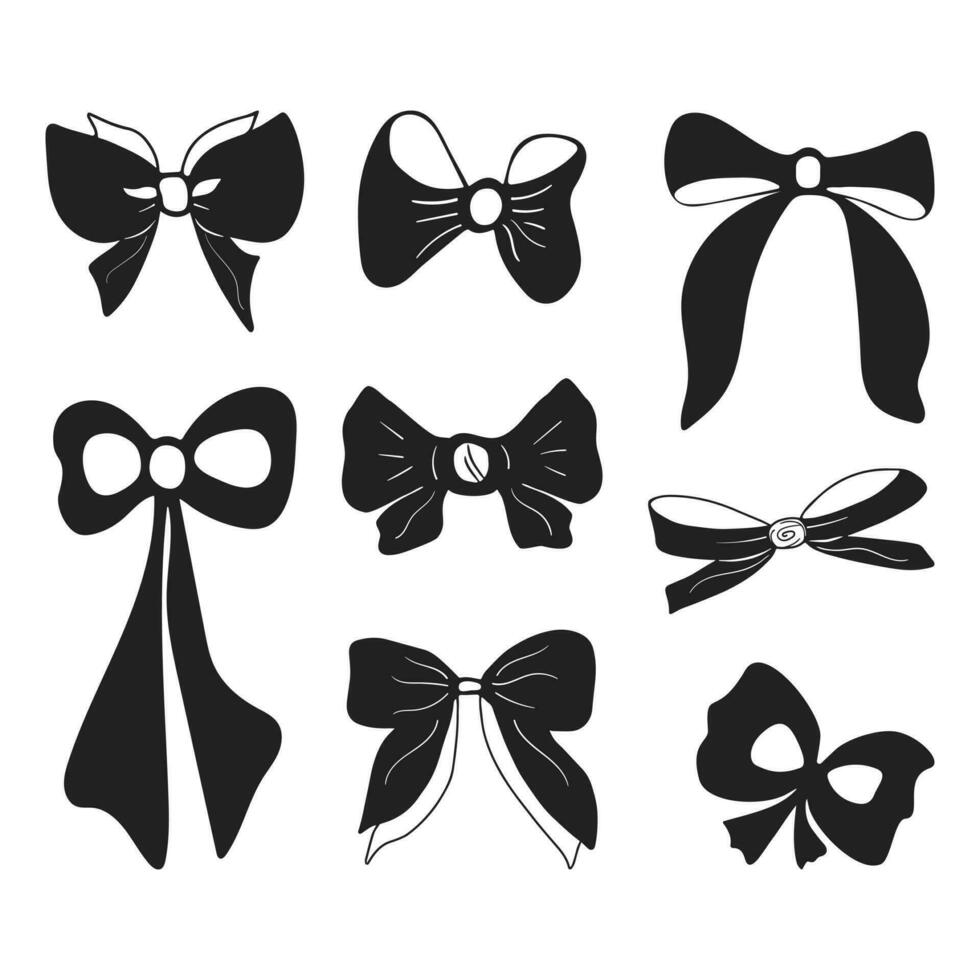 Set of hand drawn silhouette of bows and ribbons. Bows and ribbons icons in solid style. Isolated on white background vector
