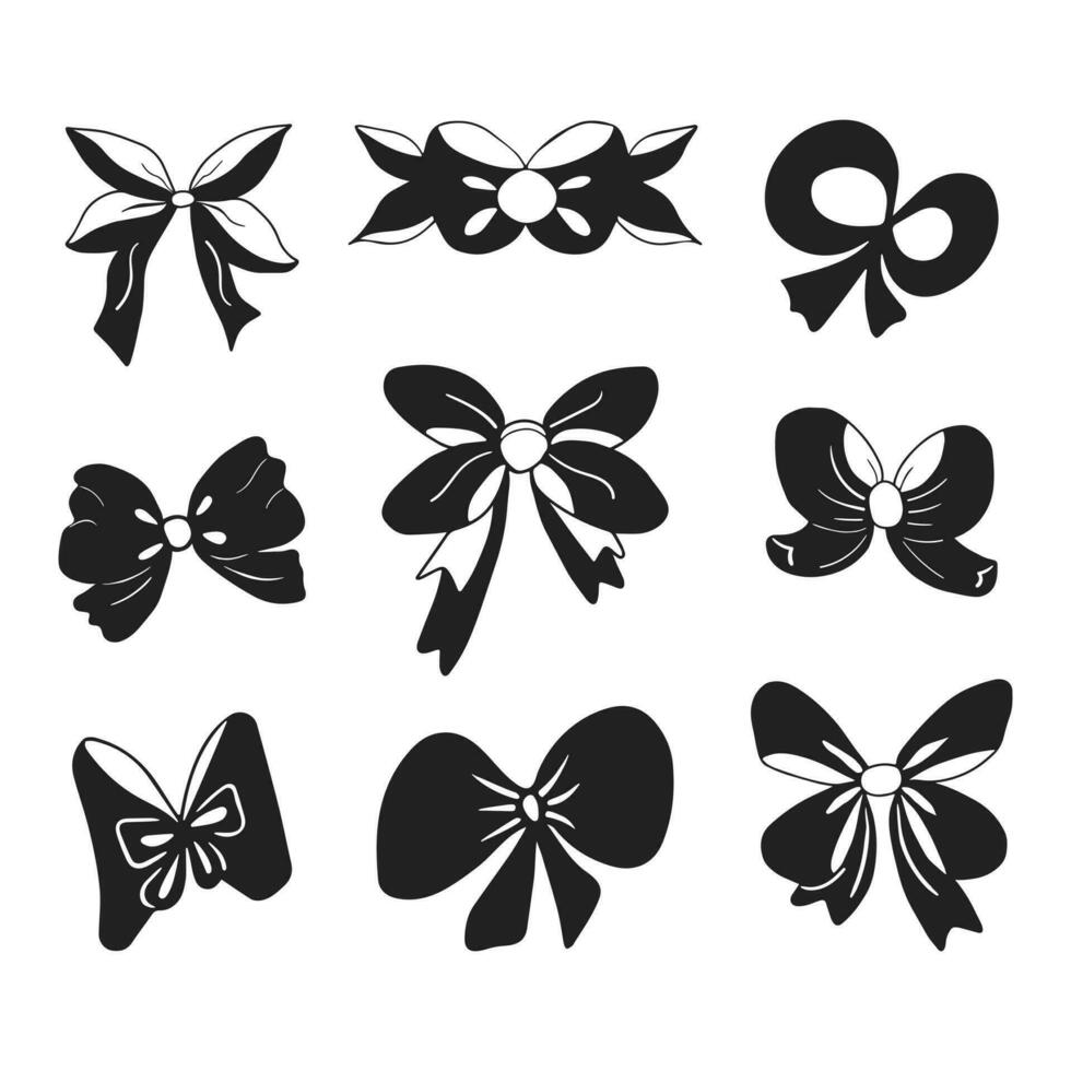 Set of hand drawn silhouette of bows and ribbons. Bows and ribbons icons in solid style. Isolated on white background vector