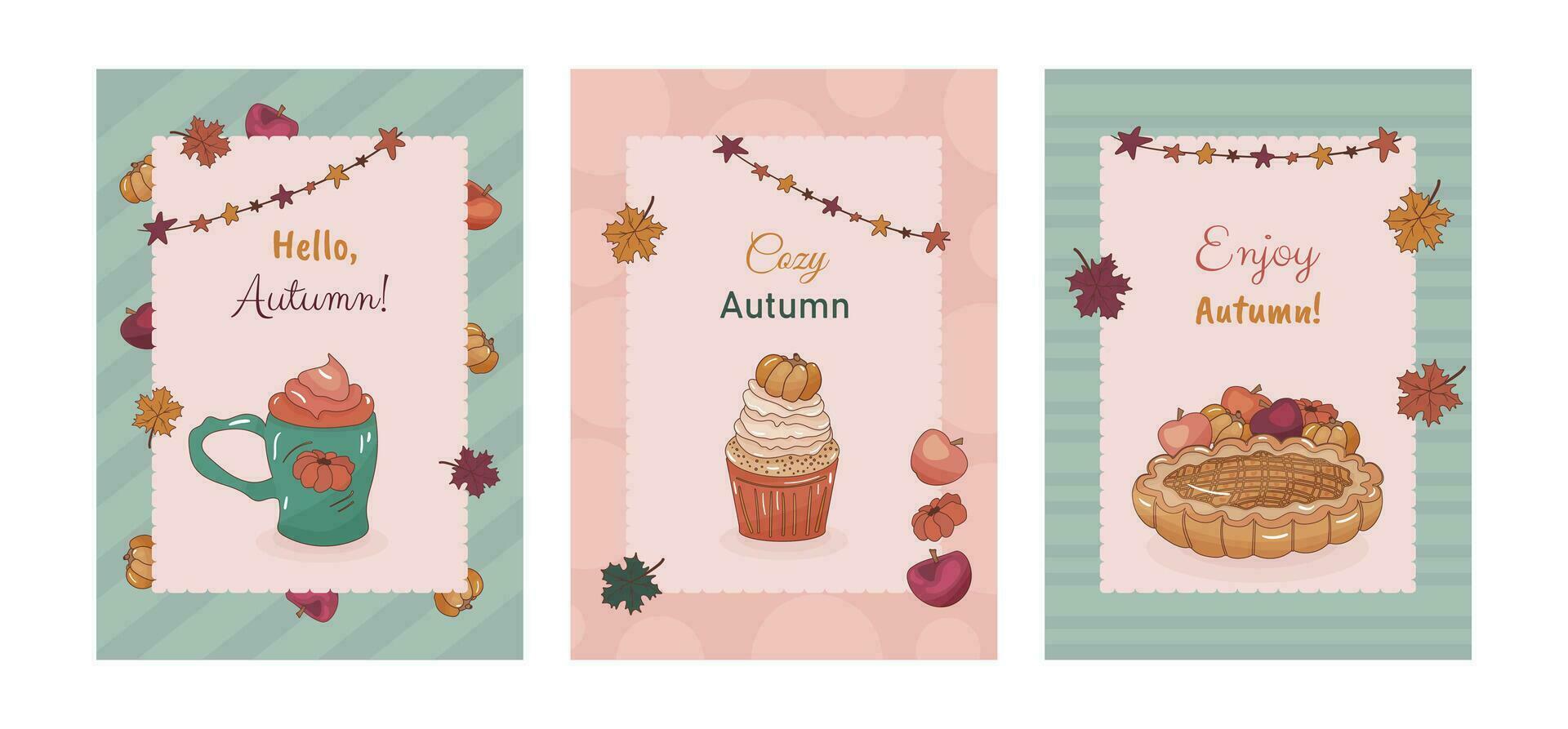 Set of autumn cards with cozy objects. Pumpkin latte, pumpkin cupcake, homemade pie, maple leaves, cute garland on retro background. Colorful vector design of postcard, poster, banner, flyer, web.