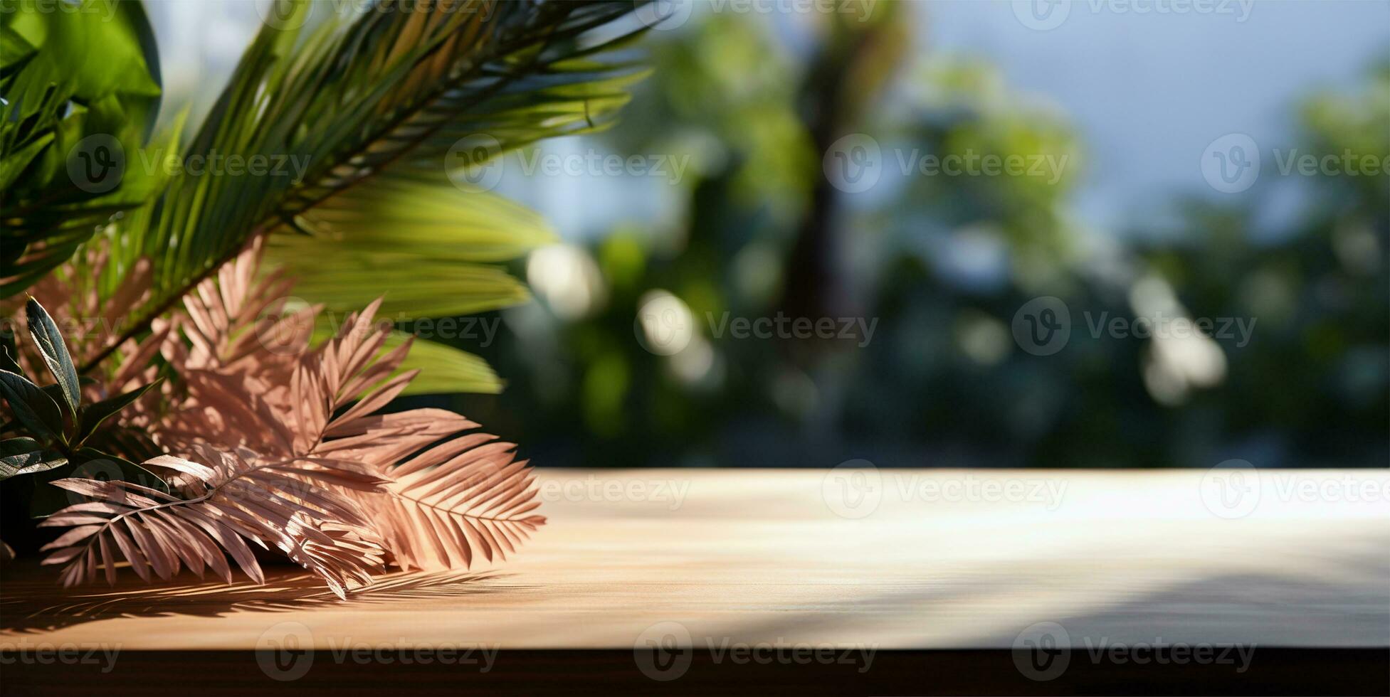 blanco marrón de madera mostrador mesa en suave luz de sol. ai generado foto