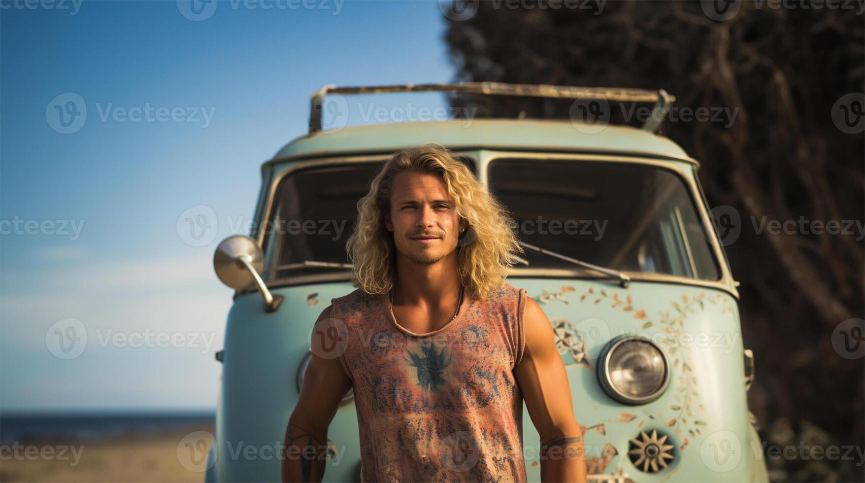 Surfer posing in front of his van with a surfboard in his hands near the beach. AI Generated photo