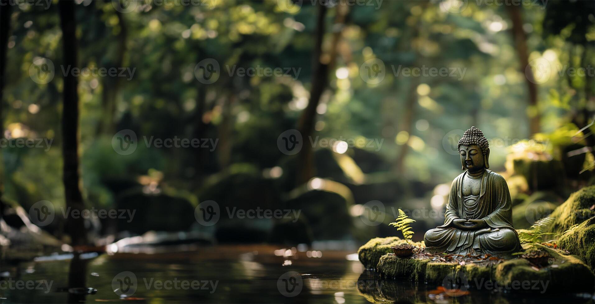 statue of a meditating Buddha placed on a rock in an idyllic bamboo garden. AI Generated photo