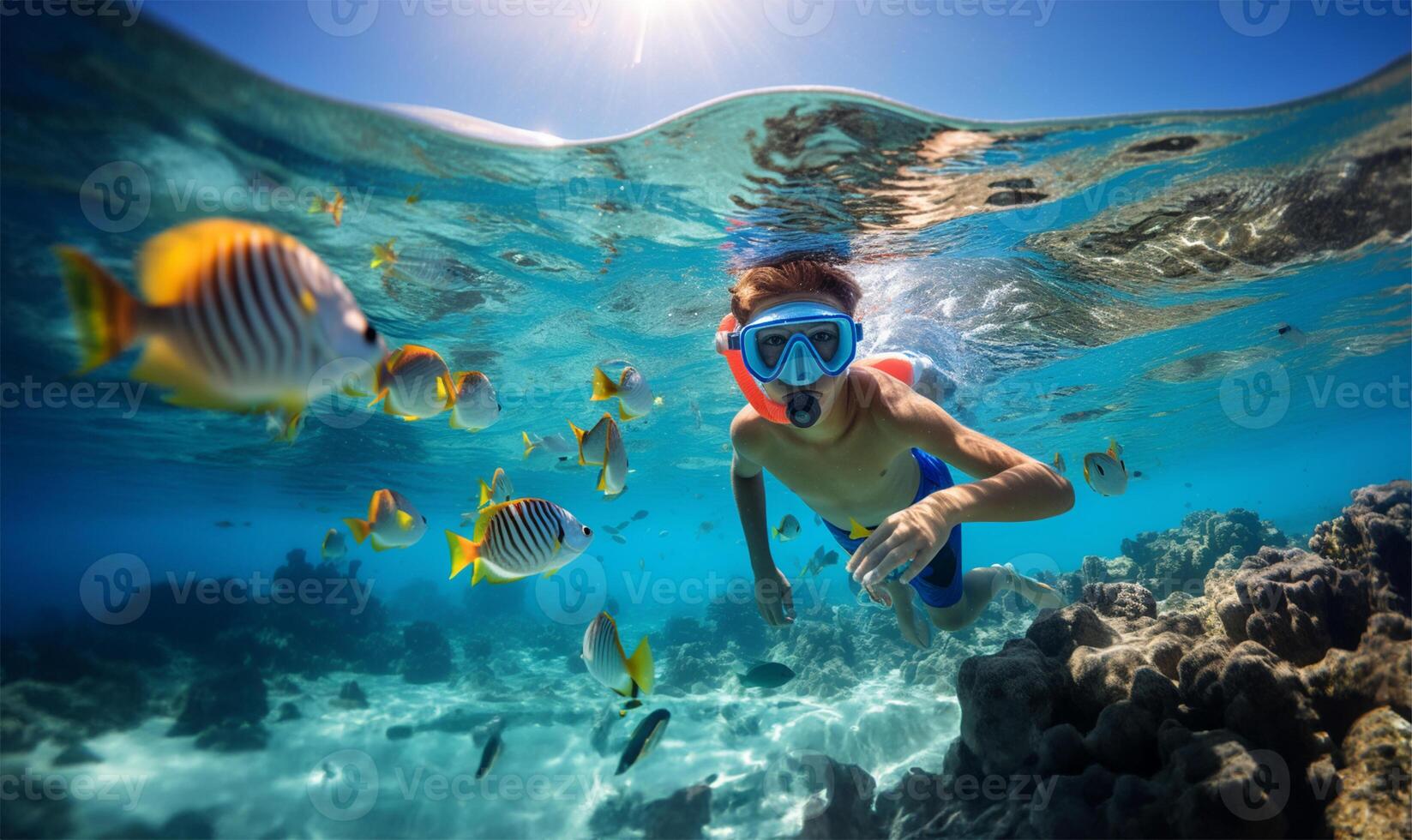 Boy snorkeling in a transparent ocean watching colorful fish. photo