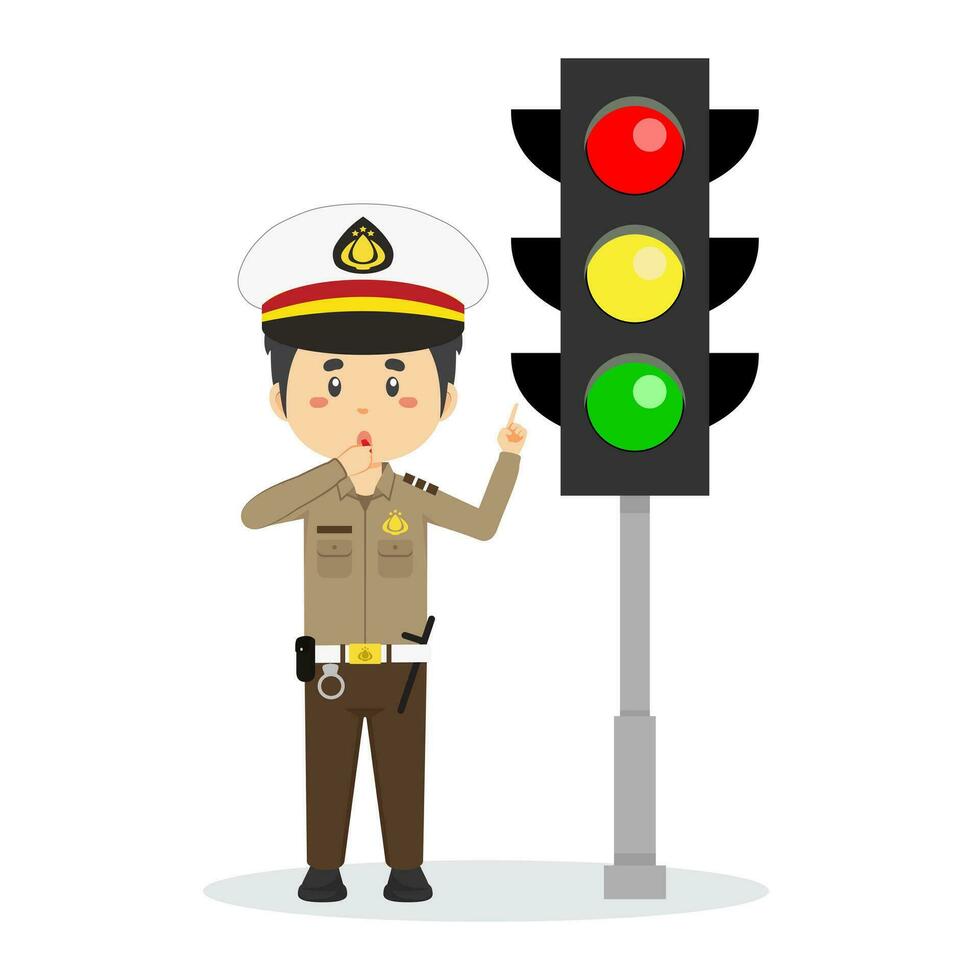Happy Indonesian Police Character Stand Beside Traffic Lamp vector