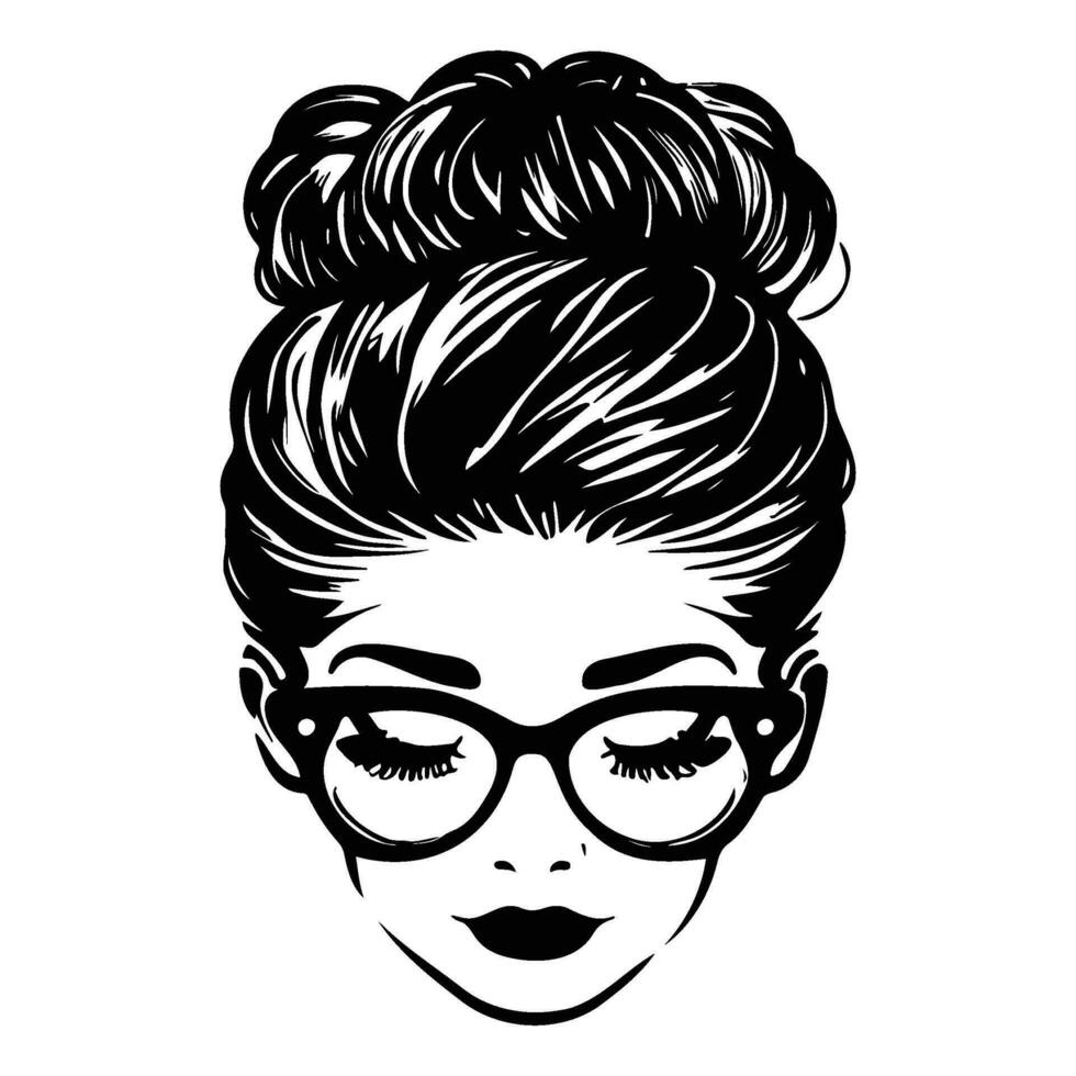 woman face with messy hair in a bun long eyelashes and eye glasses icon vector