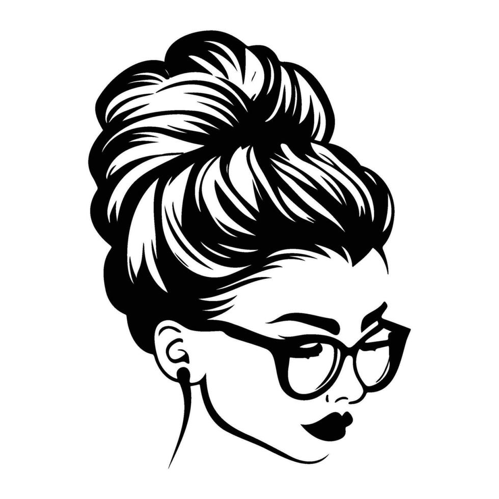 woman face with messy hair in a bun long eyelashes and eye glasses icon vector