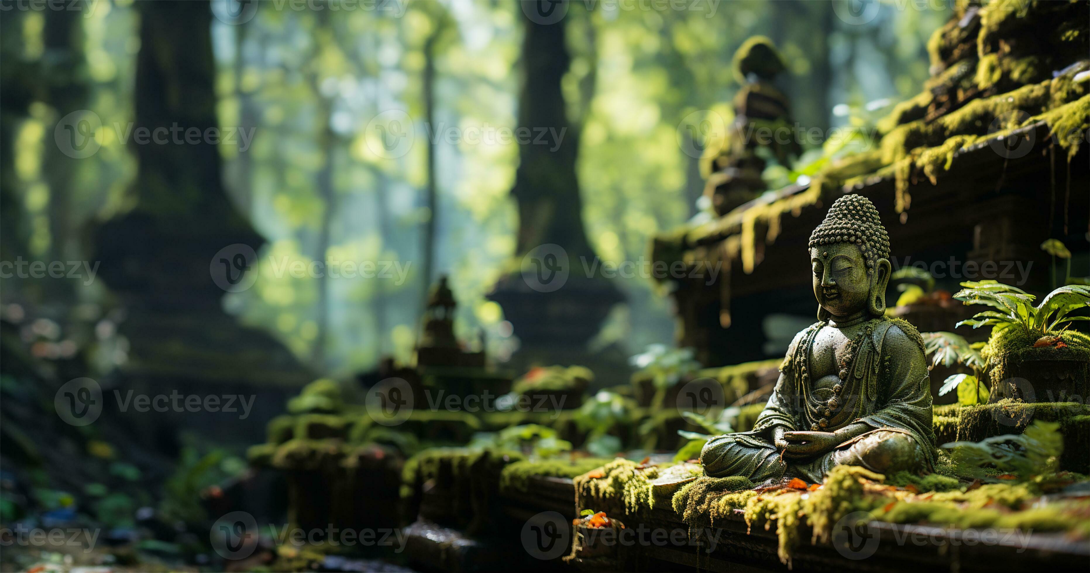 Little Buddha statue in blurred green bamboo zen jungle, friendly peaceful  tropical environment, fresh natural spa asian wallpaper. Mindfulness,  wellness, Inspiring concept. Generative AI Technology Stock Photo