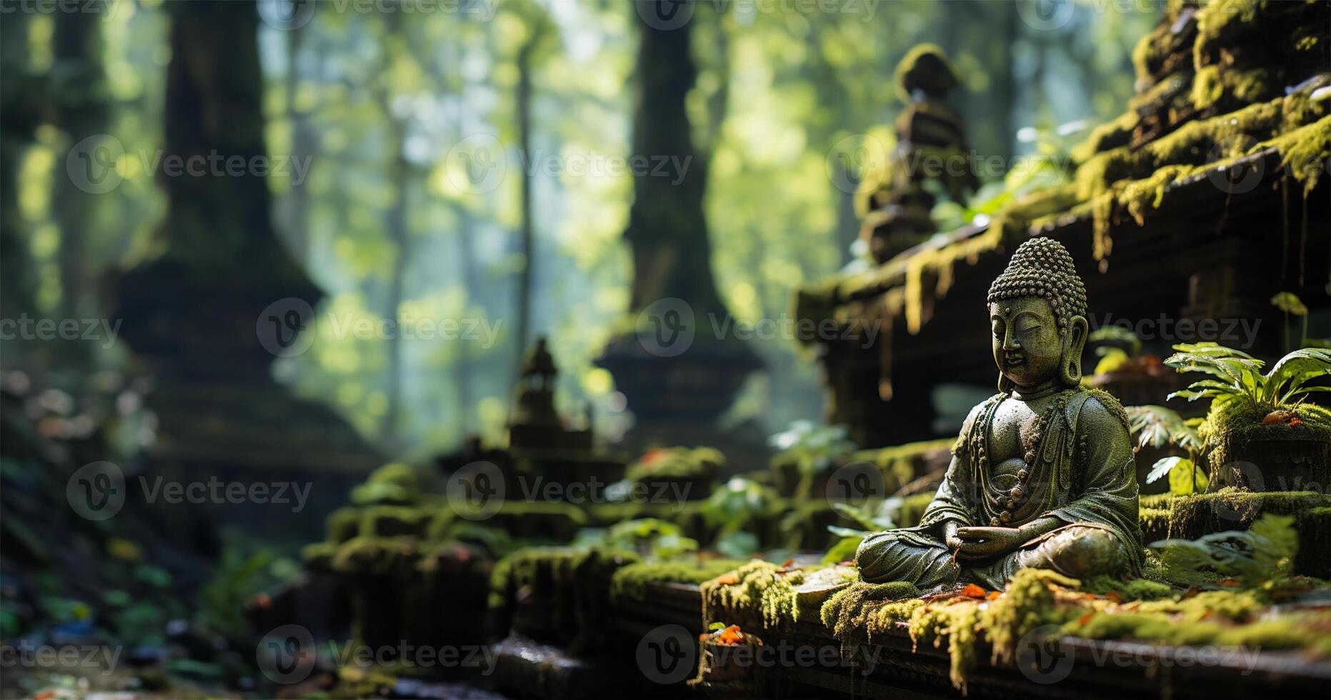 statue of a meditating Buddha placed on a rock in an idyllic bamboo garden. AI Generated photo