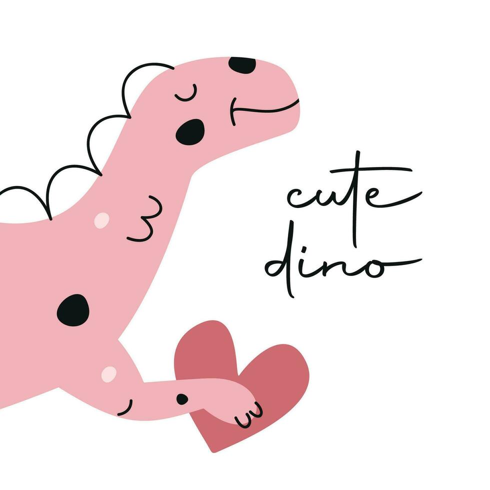 Vector hand drawn flat postcard with dinosaur and heart. Cute dino