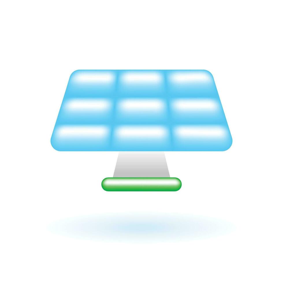 3D Solar Cell Solar Panel Sun Icon. Eco Sustainability Environment Concept. Glossy Glass Plastic Pastel Color. Cute Realistic Cartoon Minimal Style. 3D Render Vector Icon UX UI Isolated Illustration.