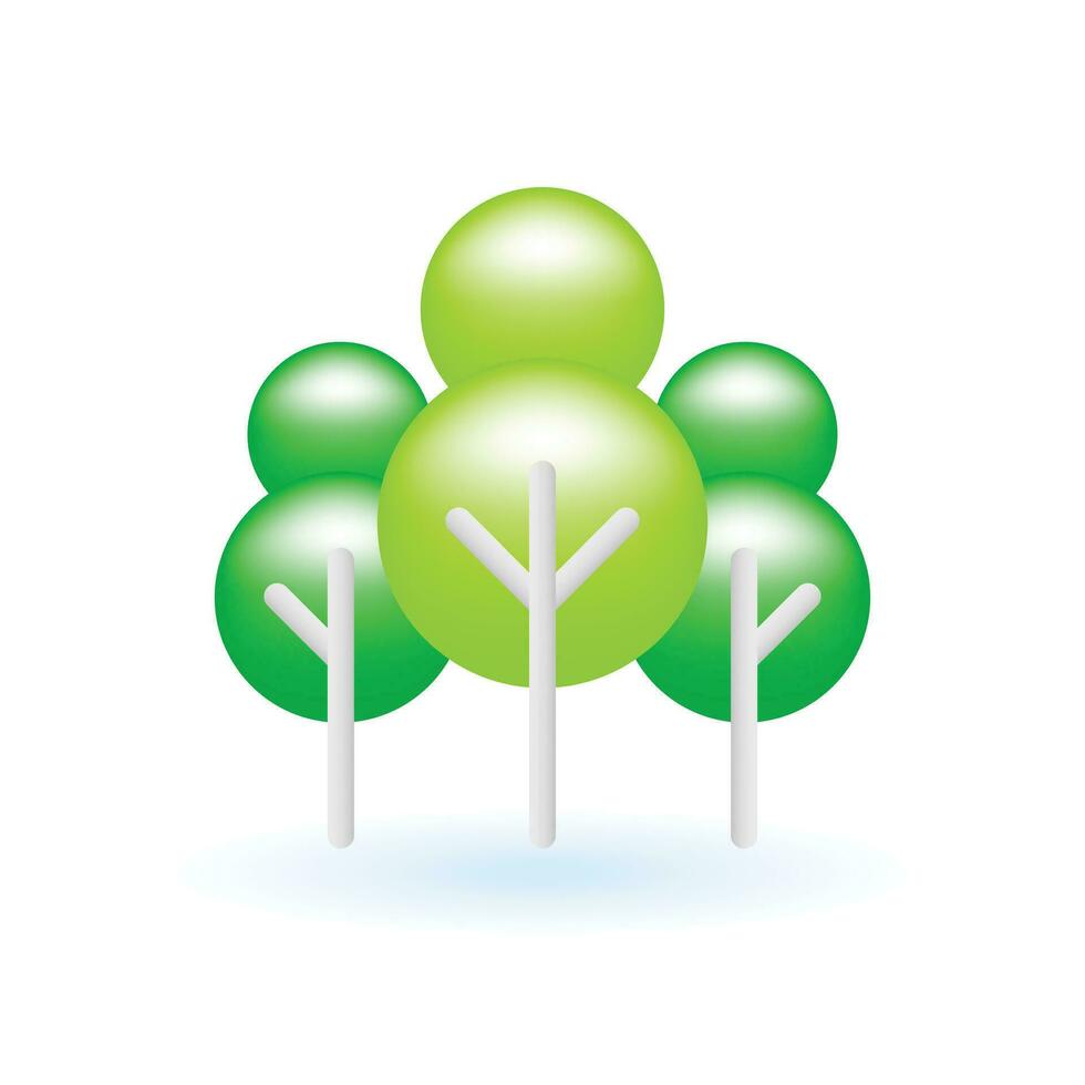 3D Green Trees Forest Nature Icon. Eco Sustainability Environment Concept. Glossy Glass Plastic Pastel Color. Cute Realistic Cartoon Minimal Style. 3D Render Vector Icon UX UI Isolated Illustration.