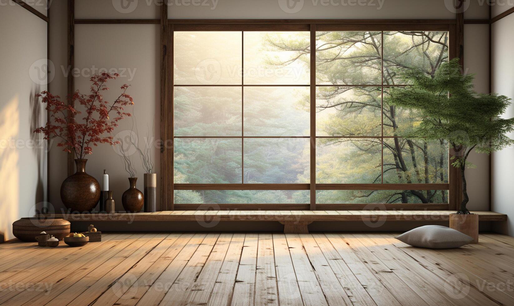 Empty traditional Japanese style room with tatami mat floor in sunlight from wood shoji. photo