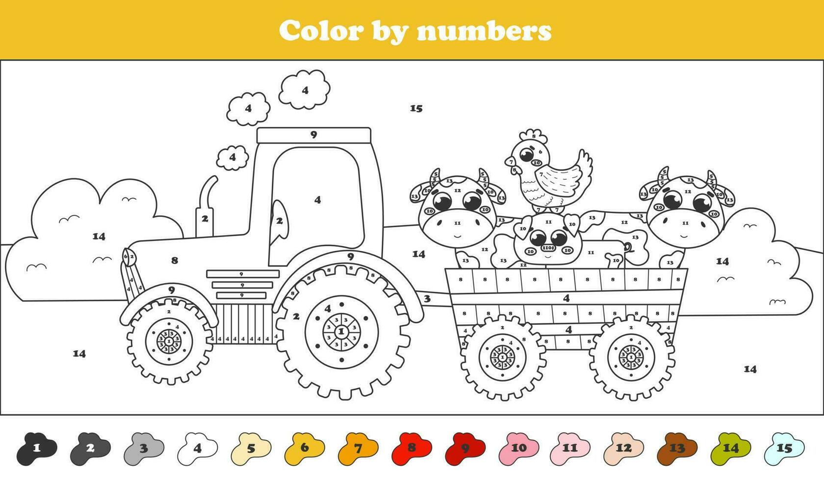 Color by numbers page with tractor and farm animals - cows, pig and hen, printable worksheet for kids vector