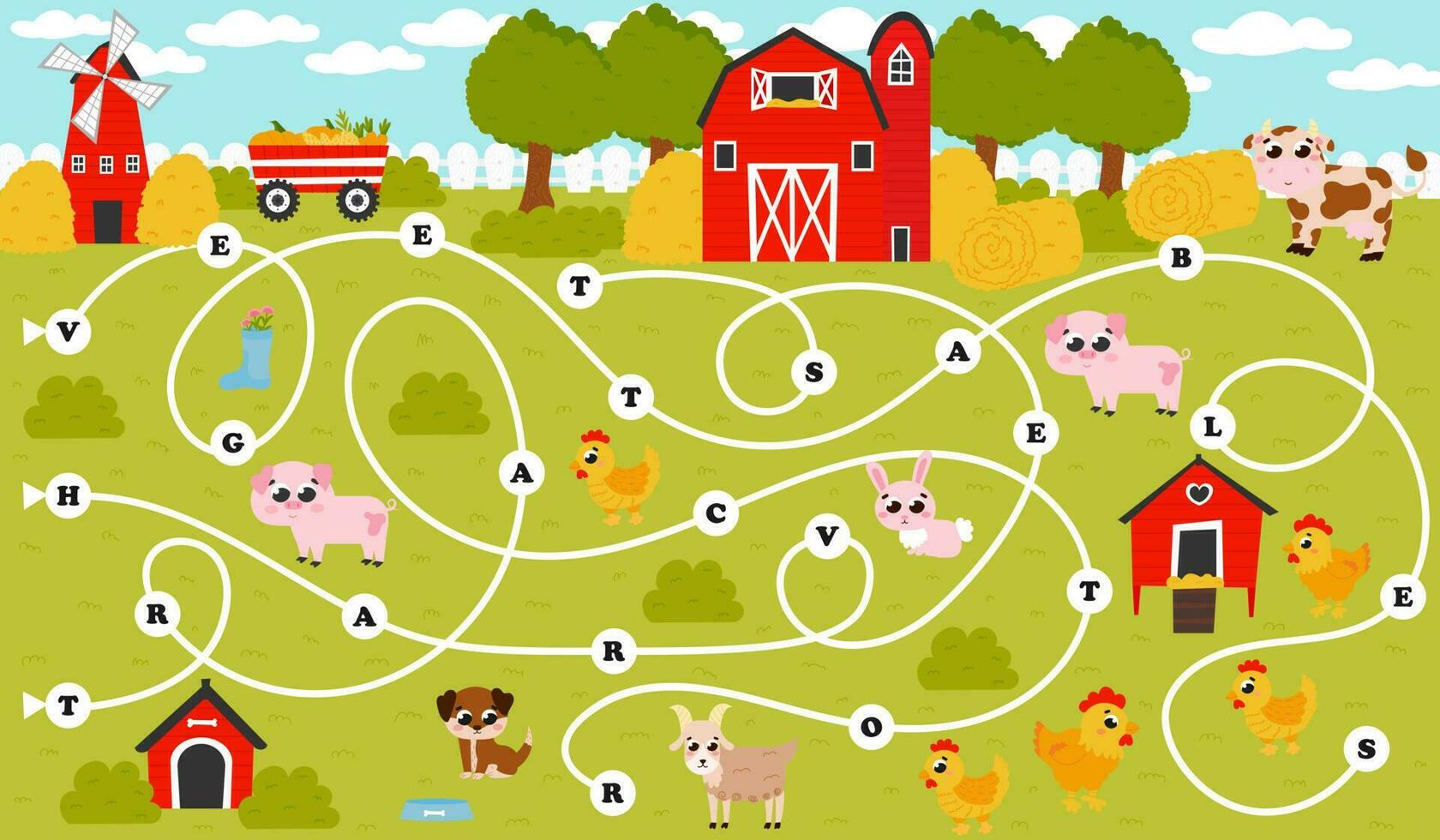 Word maze game for kids with farming themed tangled road, printable worksheet for English lessons, logical puzzle vector