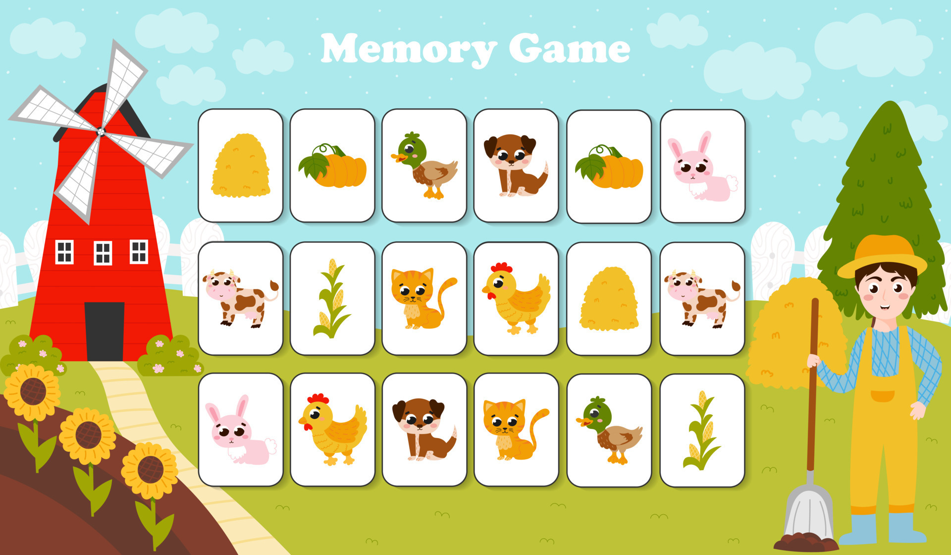 Memory Game for Preschool Children, Vector Cards with Cartoon