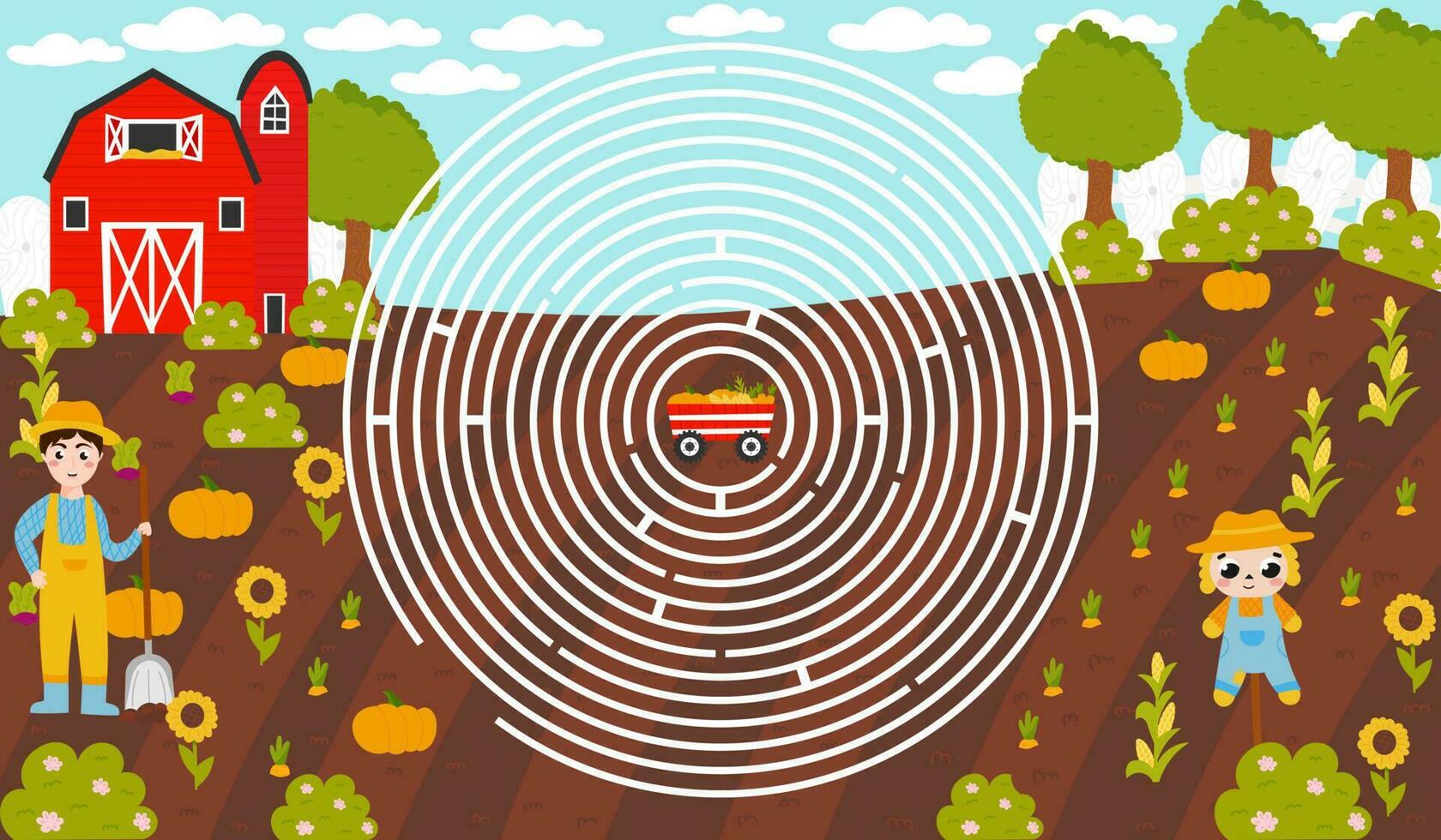 Circle maze labyrinth with farmer and scarecrow, harvest and barn in cartoon style, printable educational puzzle for kids, autumn game vector