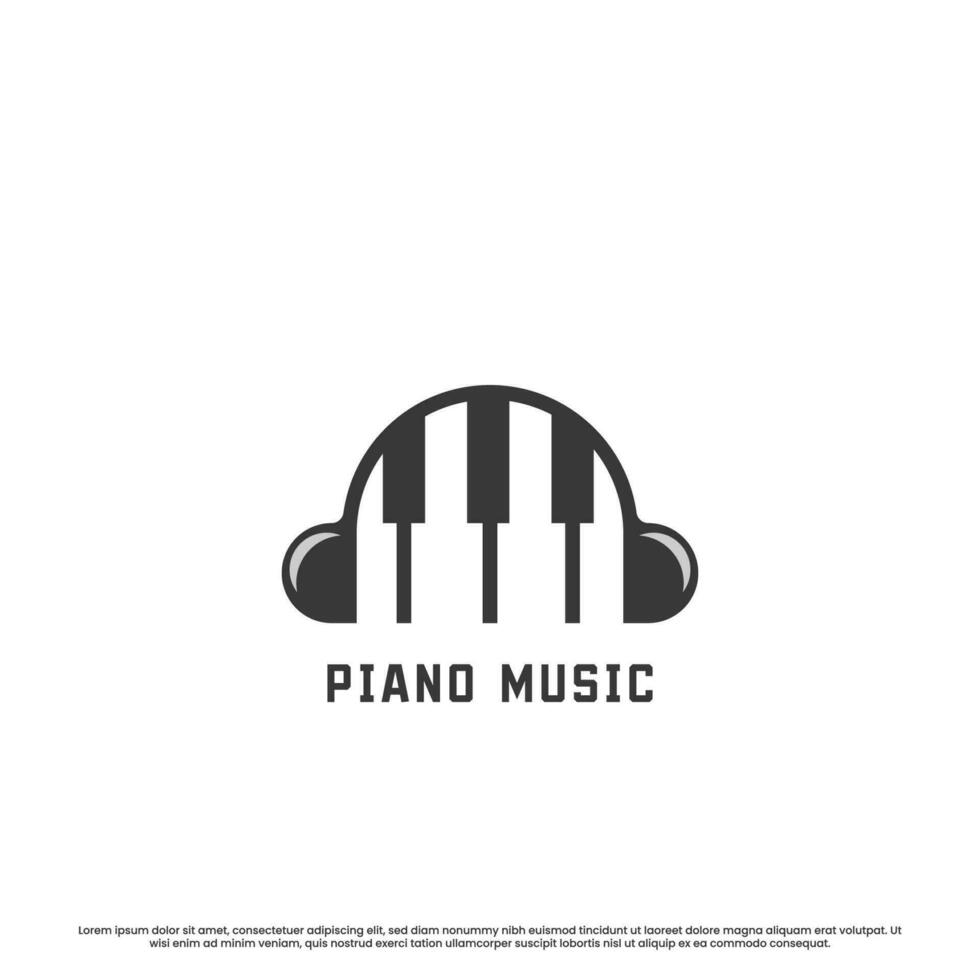 Piano music logo design illustration. Simple abstract creative flat shadow silhouette of headphone pianist and piano musical instrument. Theater orchestra entertainment musical instrument concept icon vector