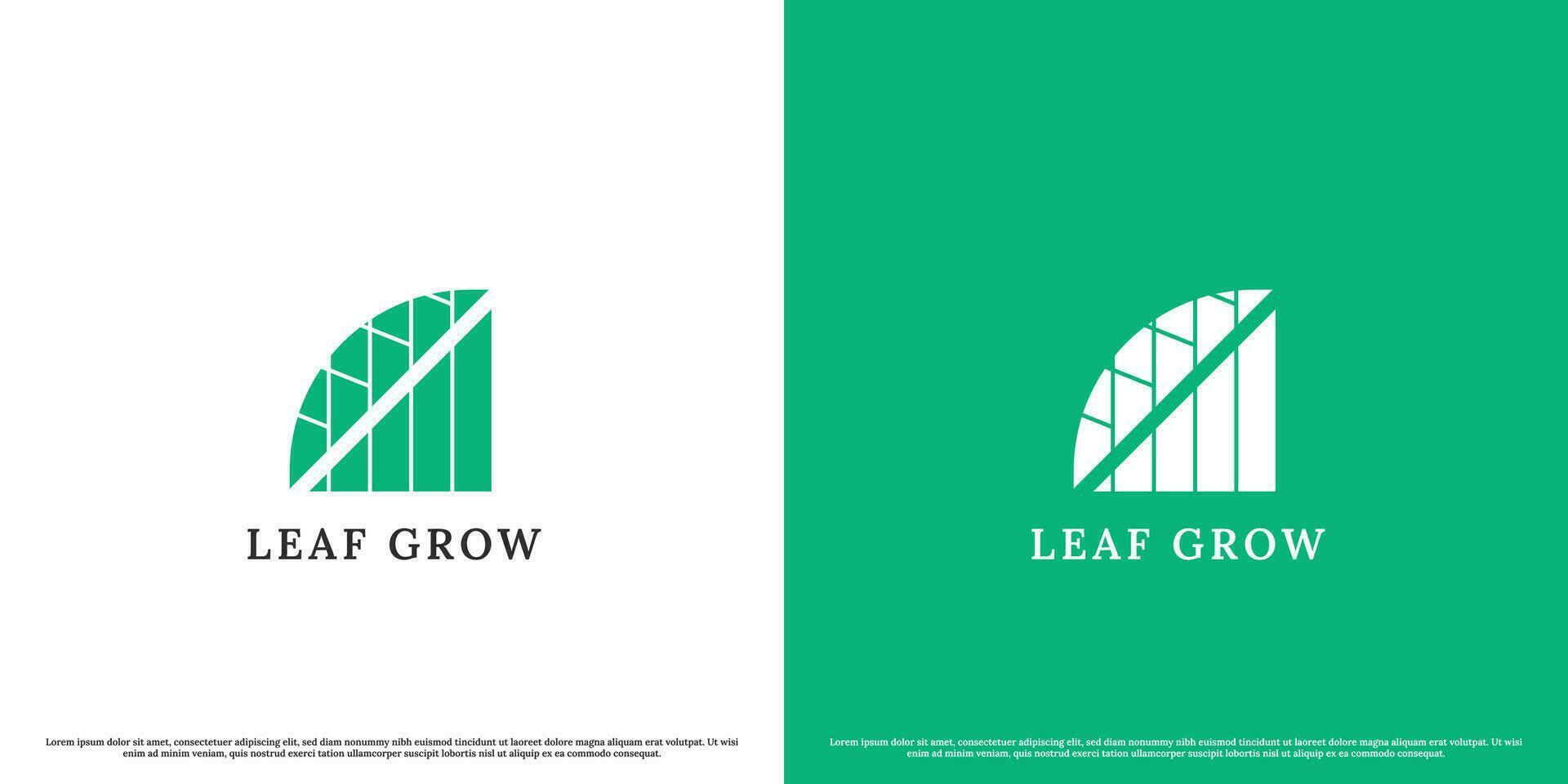 Green growth logo design illustration. Modern minimalist abstract flat silhouette simple bar chart growth chart green leaves plant evolution natural sources. Greening accounting business Nature icon. vector