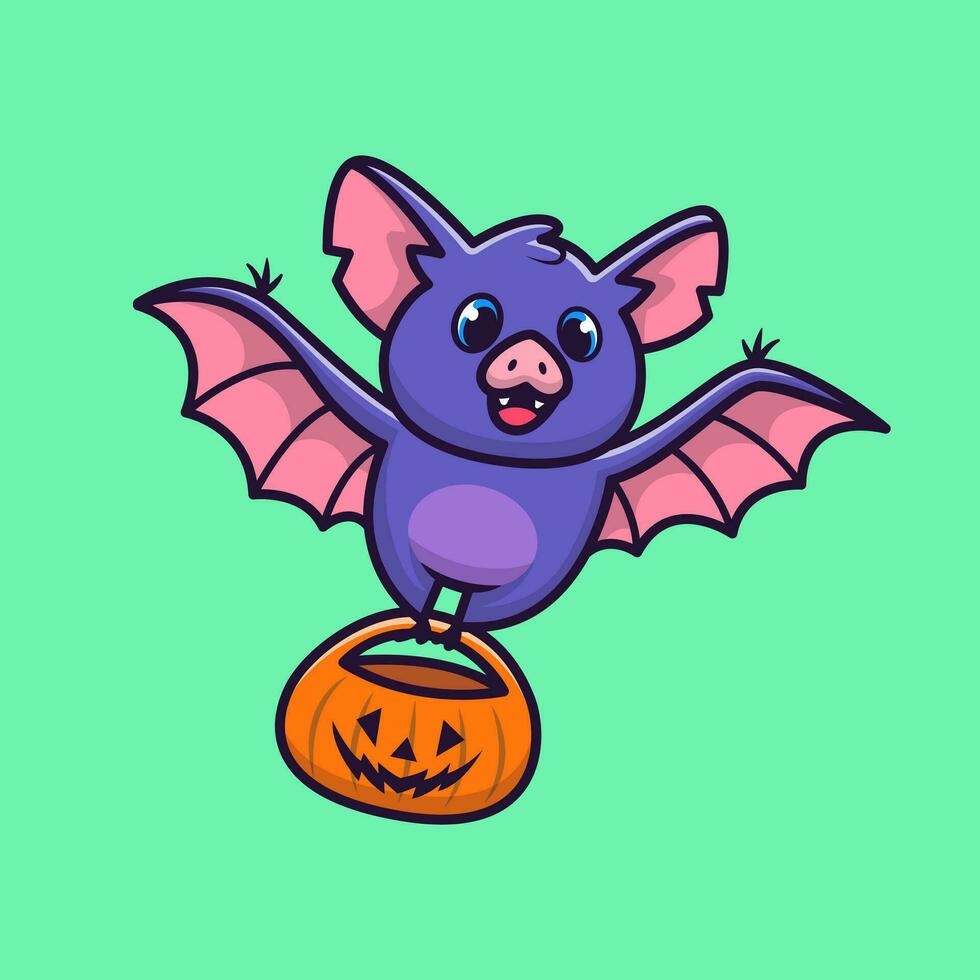 Cute Bat With Pumpkin Halloween Cartoon Vector Icon  Illustration. Animal Holiday Icon Concept Isolated Premium  Vector. Flat Cartoon Style