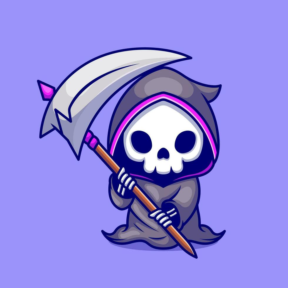 Cute Grim Reaper Holding Scythe Cartoon Vector Icon  Illustration. People Holiday Icon Concept Isolated Premium  Vector. Flat Cartoon Style
