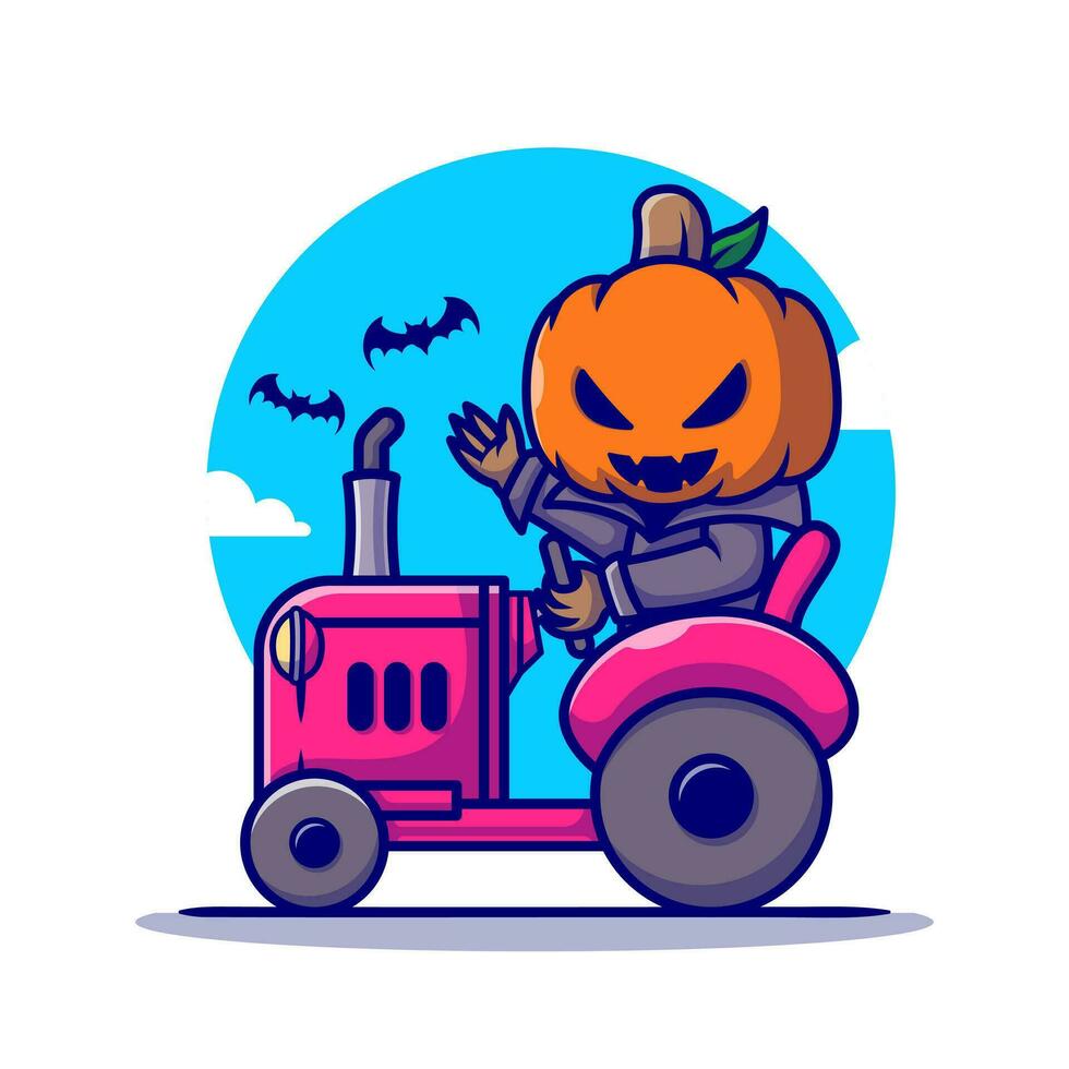 Cute Pumpkin Vampire Driving Tractor Cartoon Vector Icon  Illustration. People Holiday Icon Concept Isolated Premium  Vector. Flat Cartoon Style