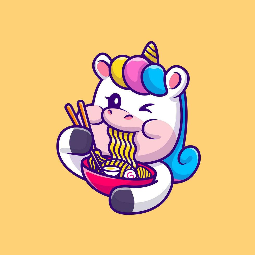 Cute Unicorn Eating Ramen Noodle Cartoon Vector Icon Illustration. Animal Food Icon Concept Isolated Premium Vector. Flat Cartoon Style