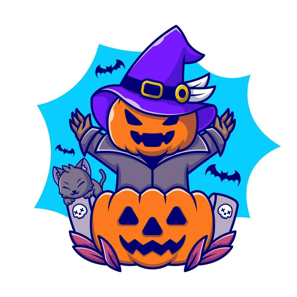 Cute Witch Pumpkin Halloween With Cat And Bat Cartoon  Vector Icon Illustration. People Holiday Icon Concept Isolated  Premium Vector. Flat Cartoon Style