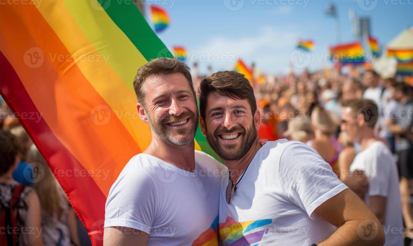 dos hombres con lgbt banderas a el gay orgullo demostración. ai generado foto