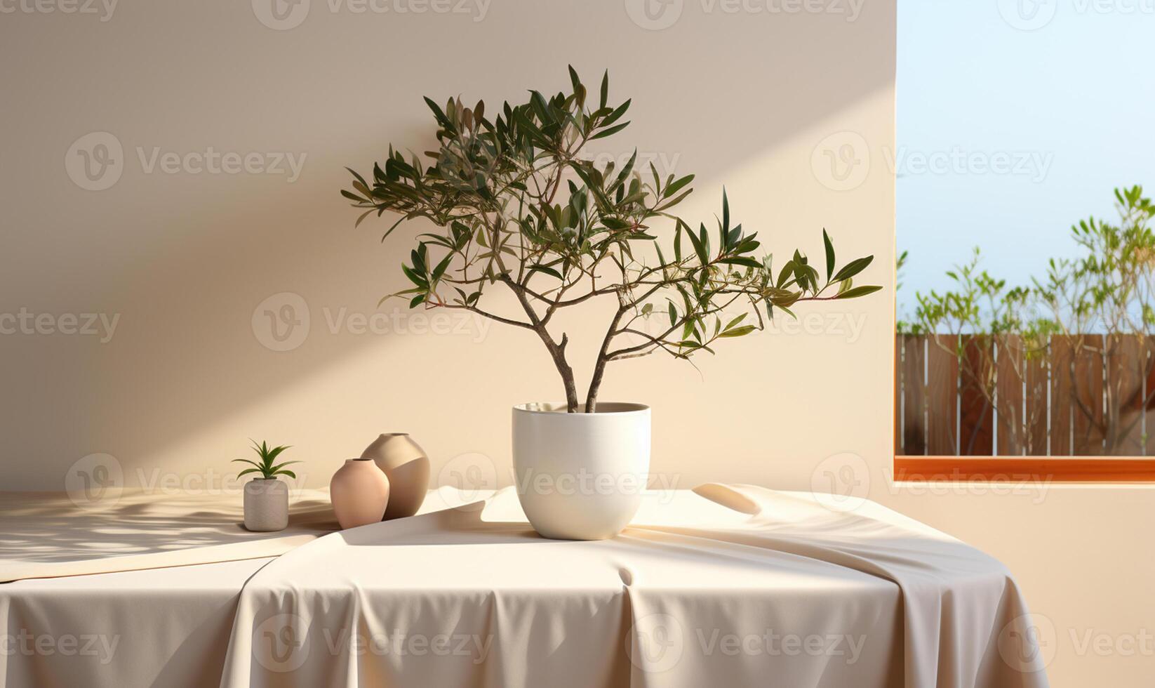 Soft beige cotton tablecloth on counter table photo