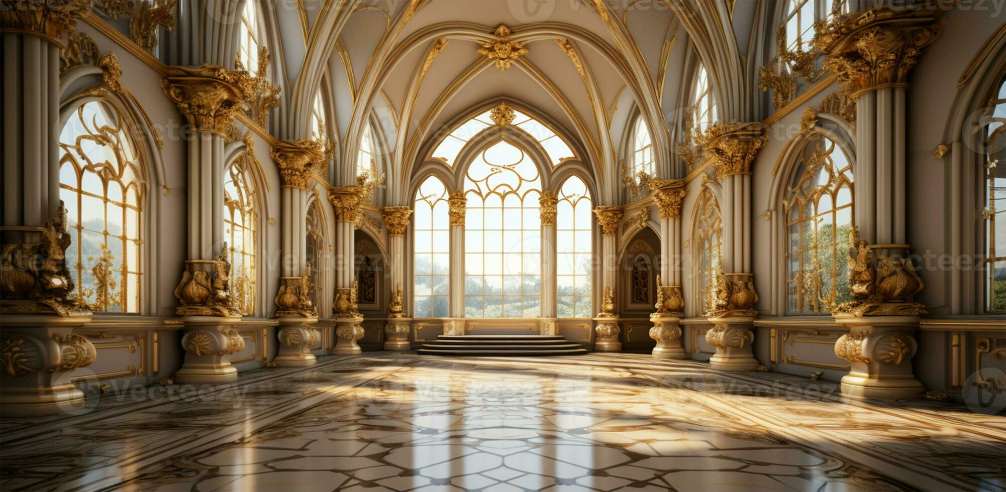 A classic extravagant European style palace room with gold decorations. AI Generated photo