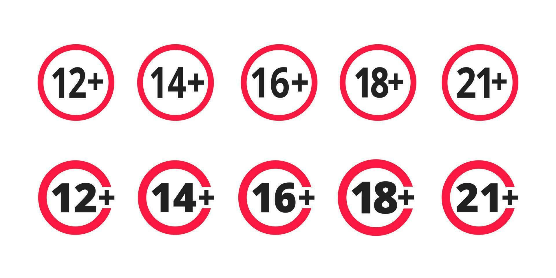 Adults content only age restriction 12, 14, 16, 18, 21 plus years old icon signs set. vector