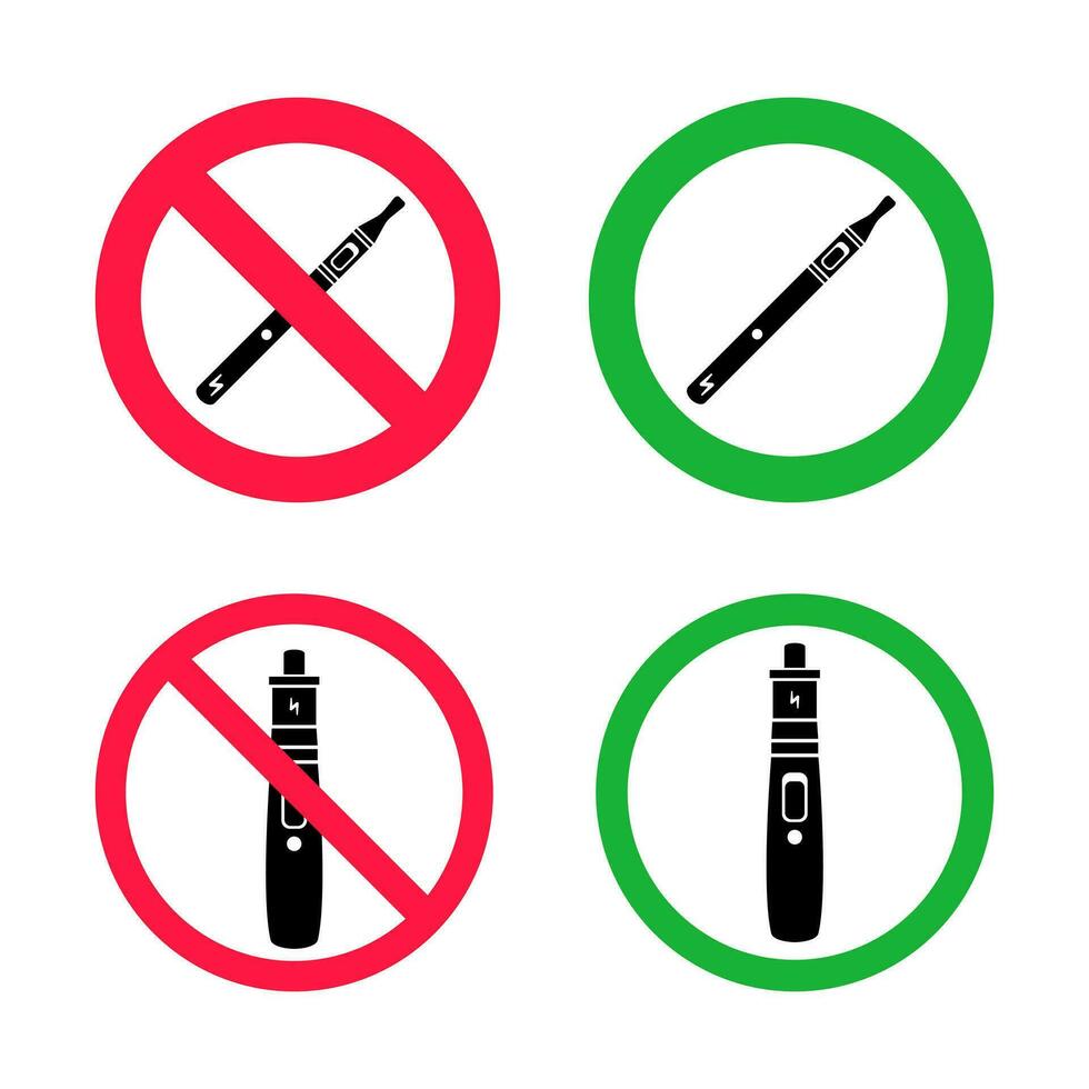 No vaping and vaping area signs. Red forbidden and green allowed circles signs icon set vector