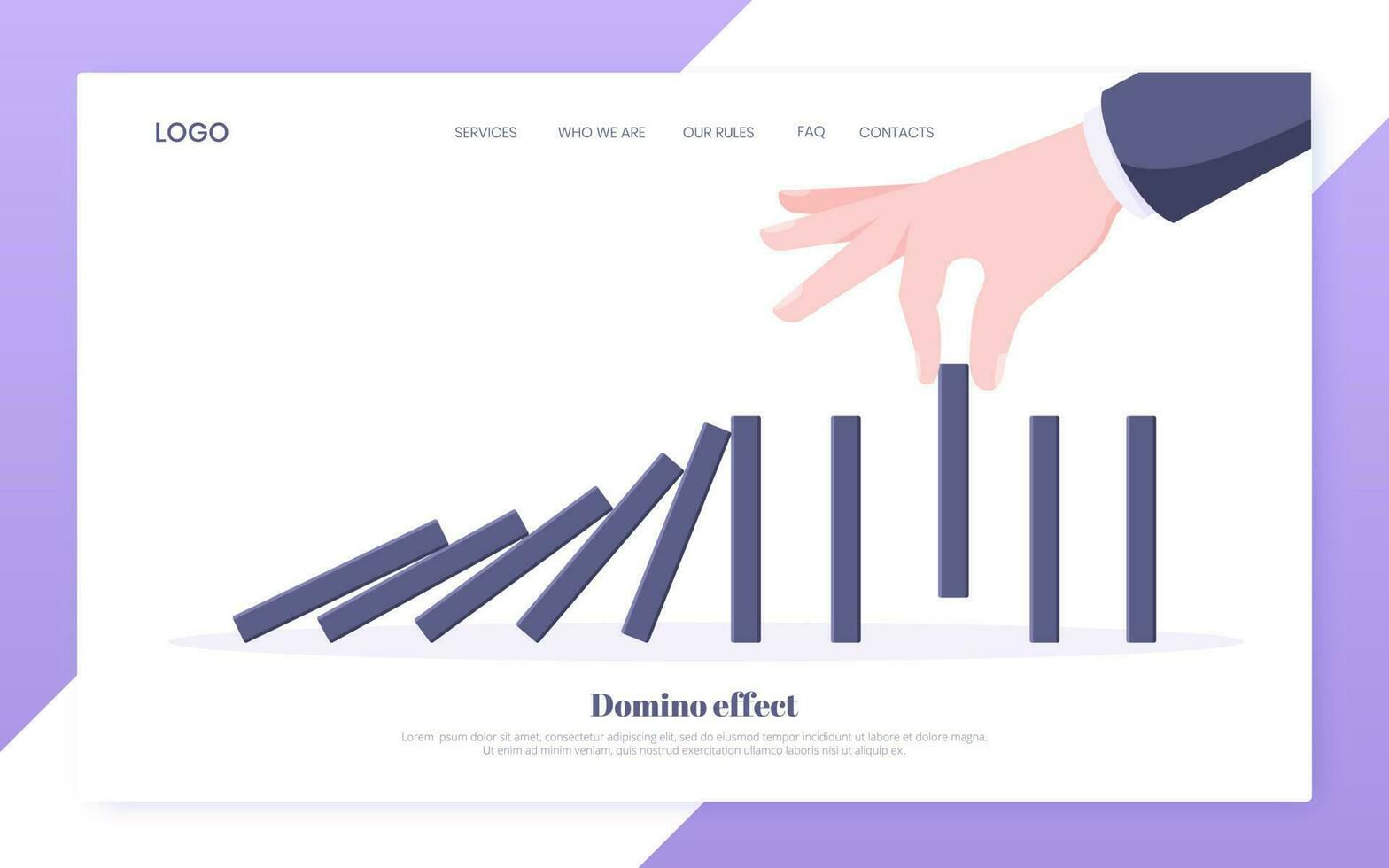Domino effect business concept. Hand stops chain reaction of falling board game blocks of dominoes. vector