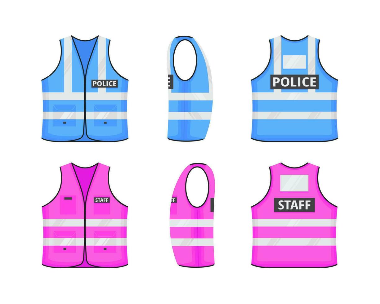 Safety reflective vest with labels tag flat style design vector illustration set.