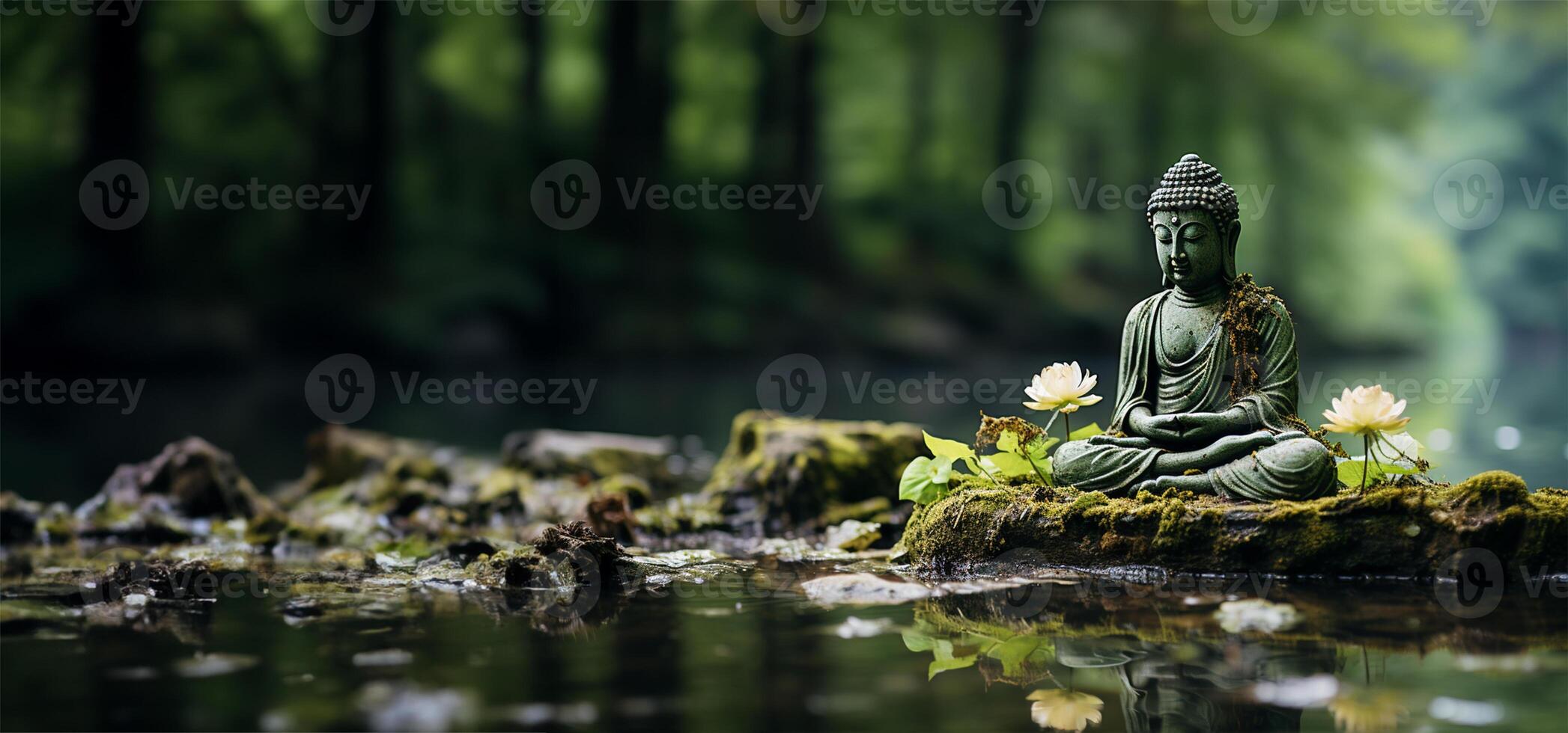 Buddha statue resting on a rock by a serene lake. photo