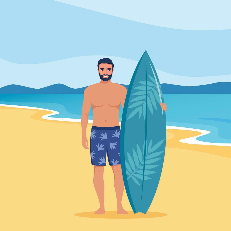 Young man surfer with surfboard standing on the beach. Smiling surfer guy. Vector illustration.