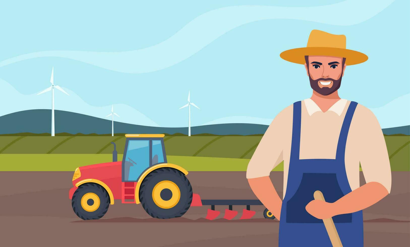 Tractor plowing the field and farmer stands in the foreground. Rural farm landscape. Agriculture concept. Farm Machine. Vector illustration.