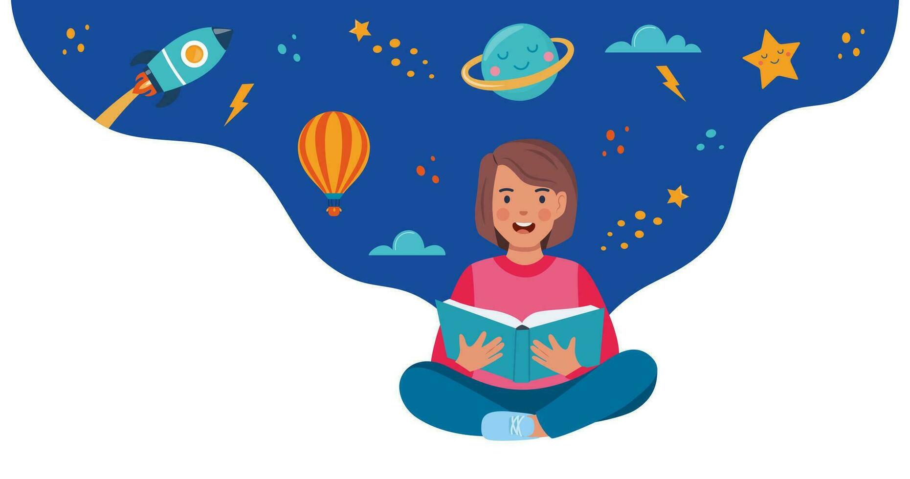 Girl sitting on the floor and reading book. Planet, rocket, star, cloud, aerostat. Education concept for kids. Knowledge, creativity, discoveries. Educational banner. Back to school. Vector. vector