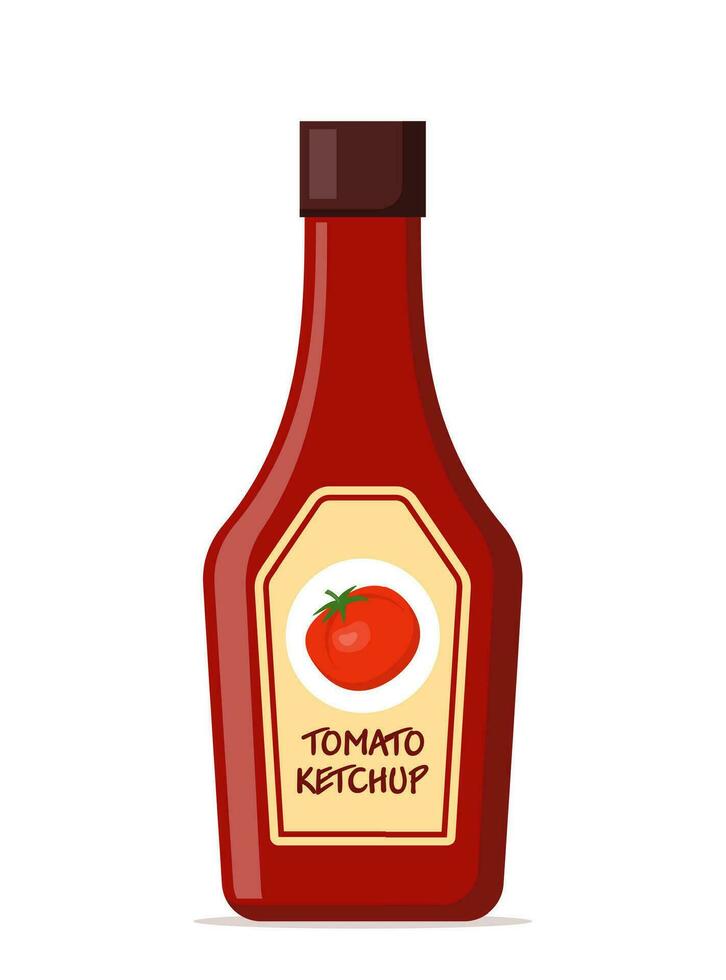 Plastic bottle of red tomato ketchup sauce with label. Vector Illustration.