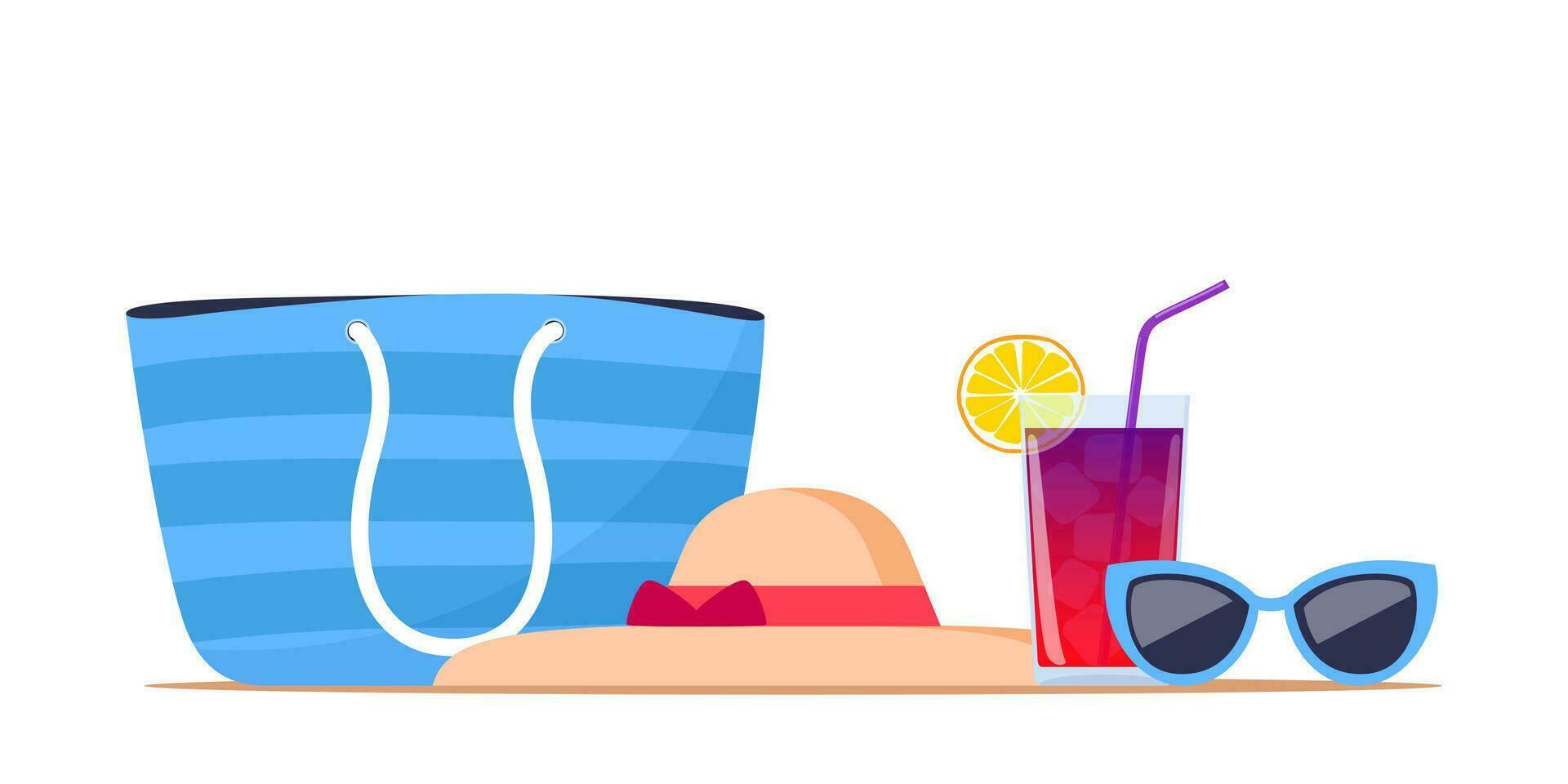 Summer beach elements, set. Summer colorful objects collection for outdoor trip vacation. Vector illustration.