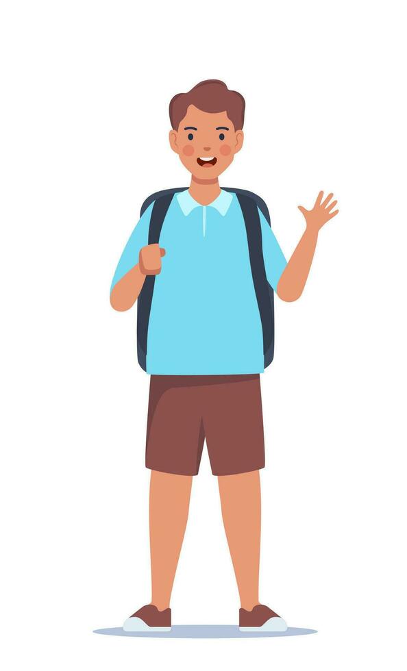 Portrait of happy school boy with backpack. Boy kid. Back to school. Vector illustration.