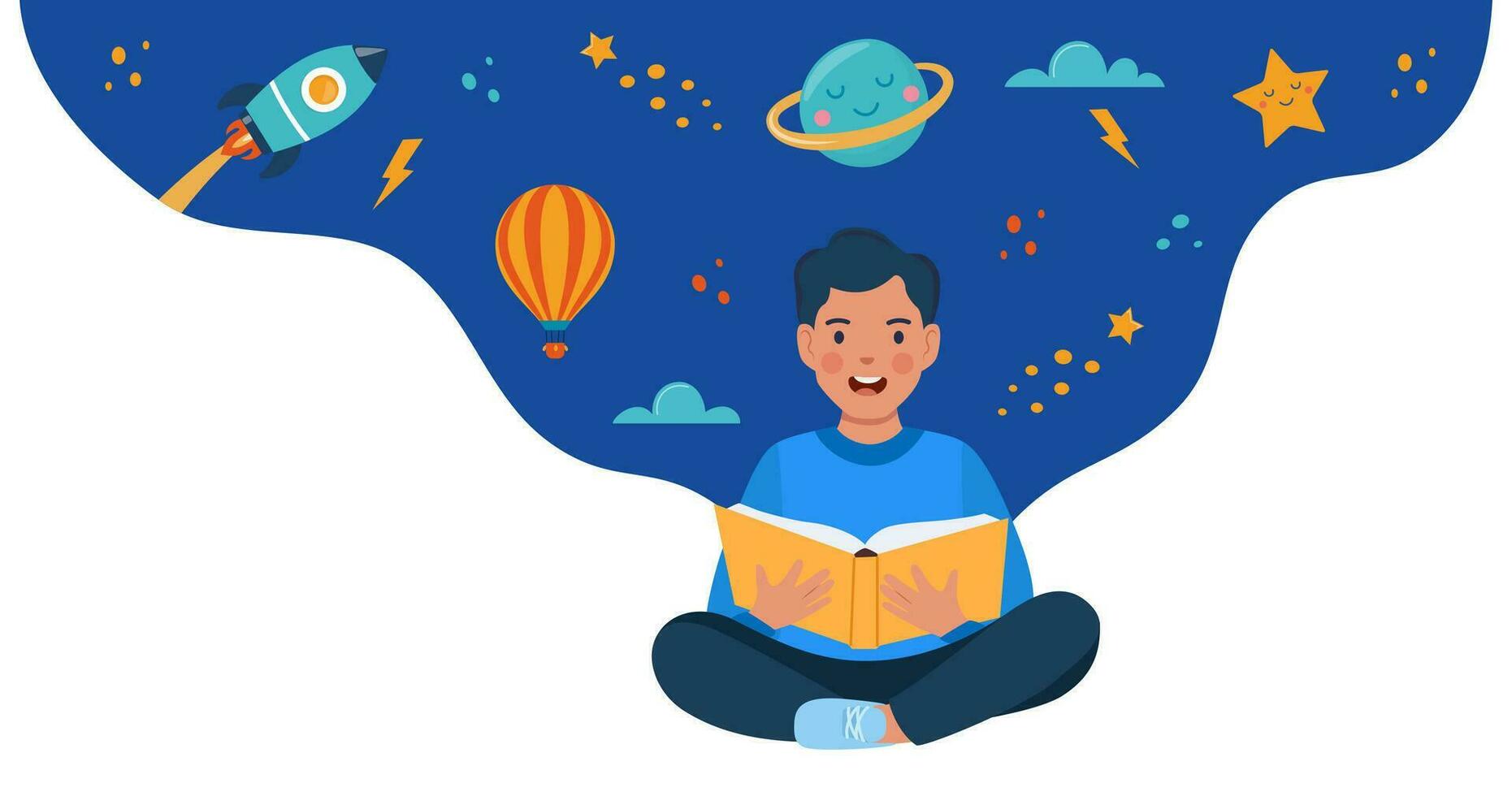 Boy sitting on the floor and reading book. Planet, rocket, star, cloud, aerostat. Education concept for kids. Knowledge, creativity, discoveries. Educational banner. Back to school. Vector. vector