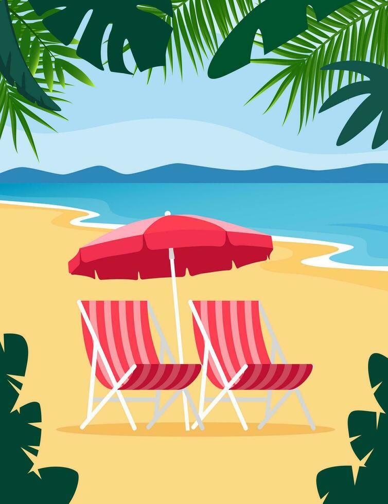 Beach umbrella and Sun lounger. Sunbed with parasol at sand beach. Summer tropical resort with private chaise-longues at seacoast. Empty sun bed at seaside. Vector illustration.